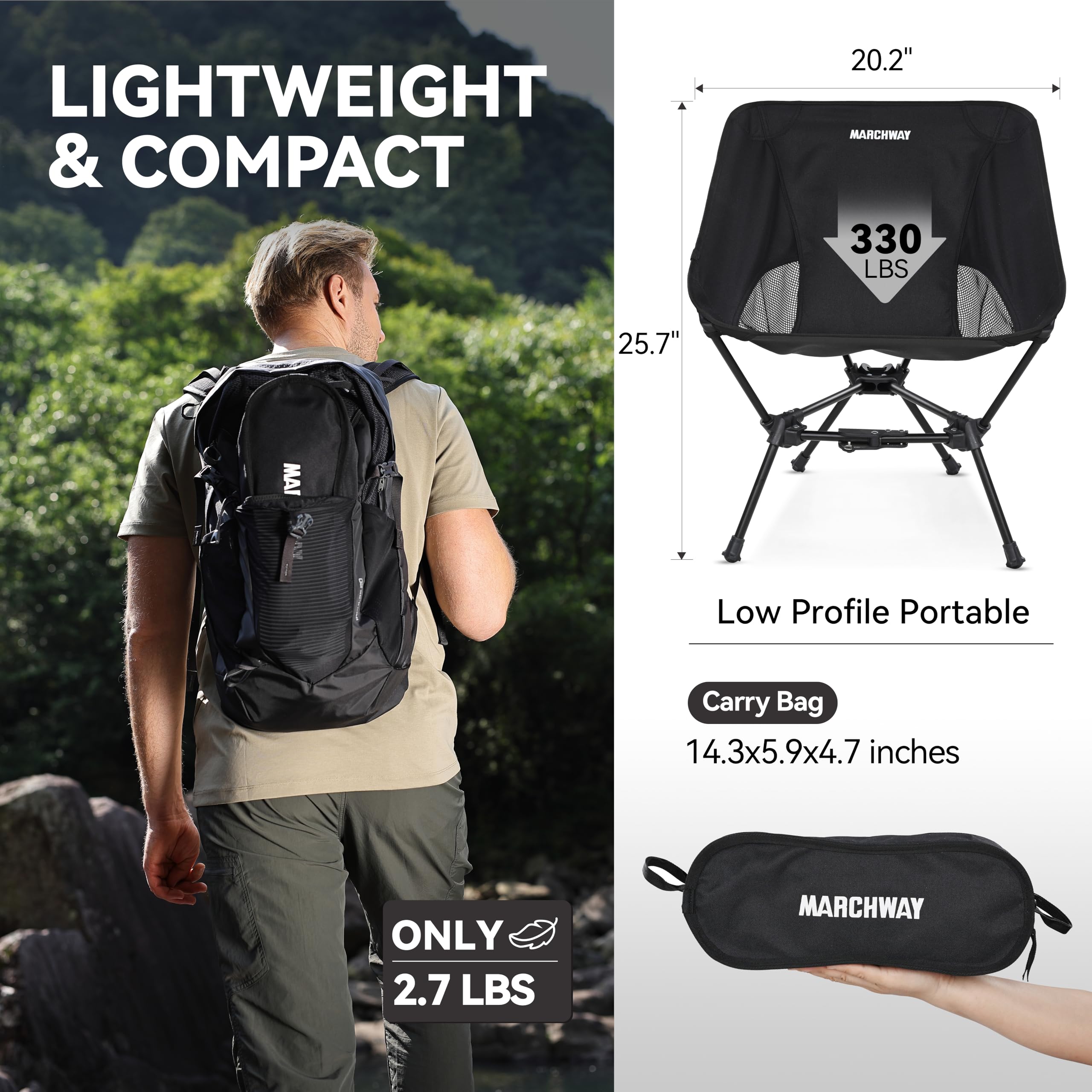 MARCHWAY chair at beach shows compact carry case and easy transport.
