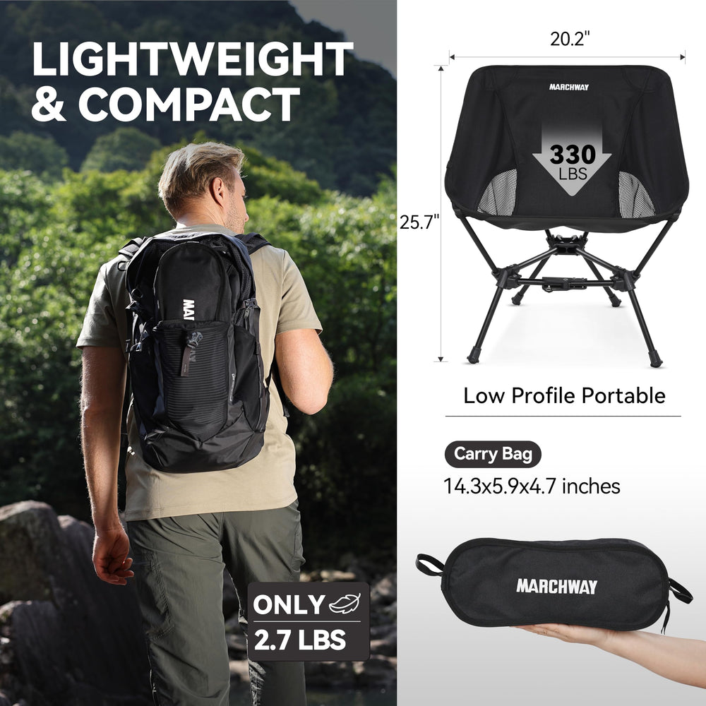 MARCHWAY chair at beach shows compact carry case and easy transport.