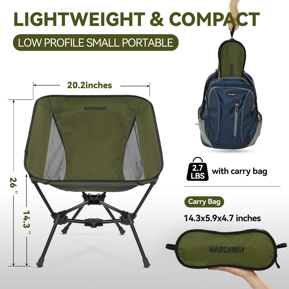 MARCHWAY compact-pack chair folds small for transport and storage on the go.
