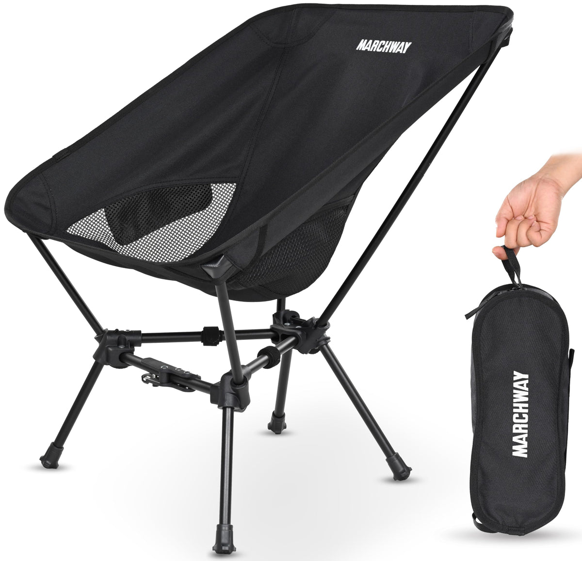 MARCHWAY lightweight folding camping chair folded for compact travel storage.