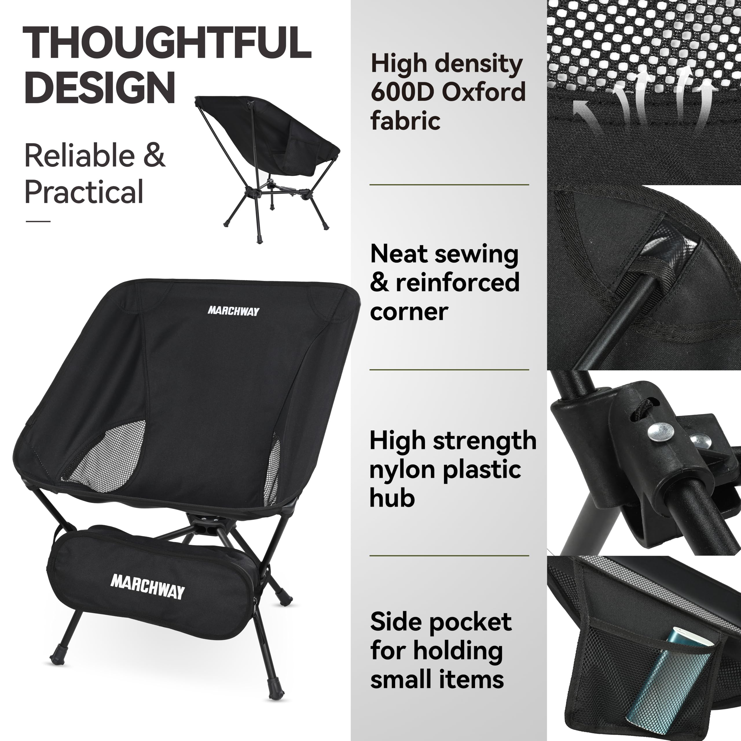 MARCHWAY low-back chair in backpacking scenario shows portability.