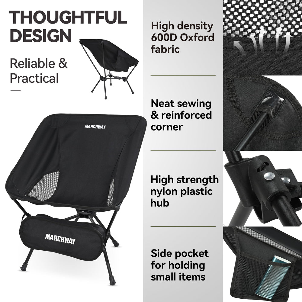MARCHWAY low-back chair in backpacking scenario shows portability.