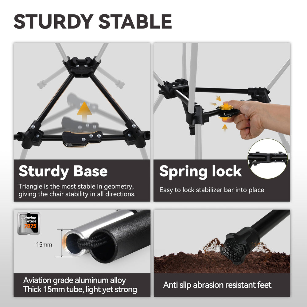 MARCHWAY lightweight chair with spring lock lever demonstrates quick secure setup.