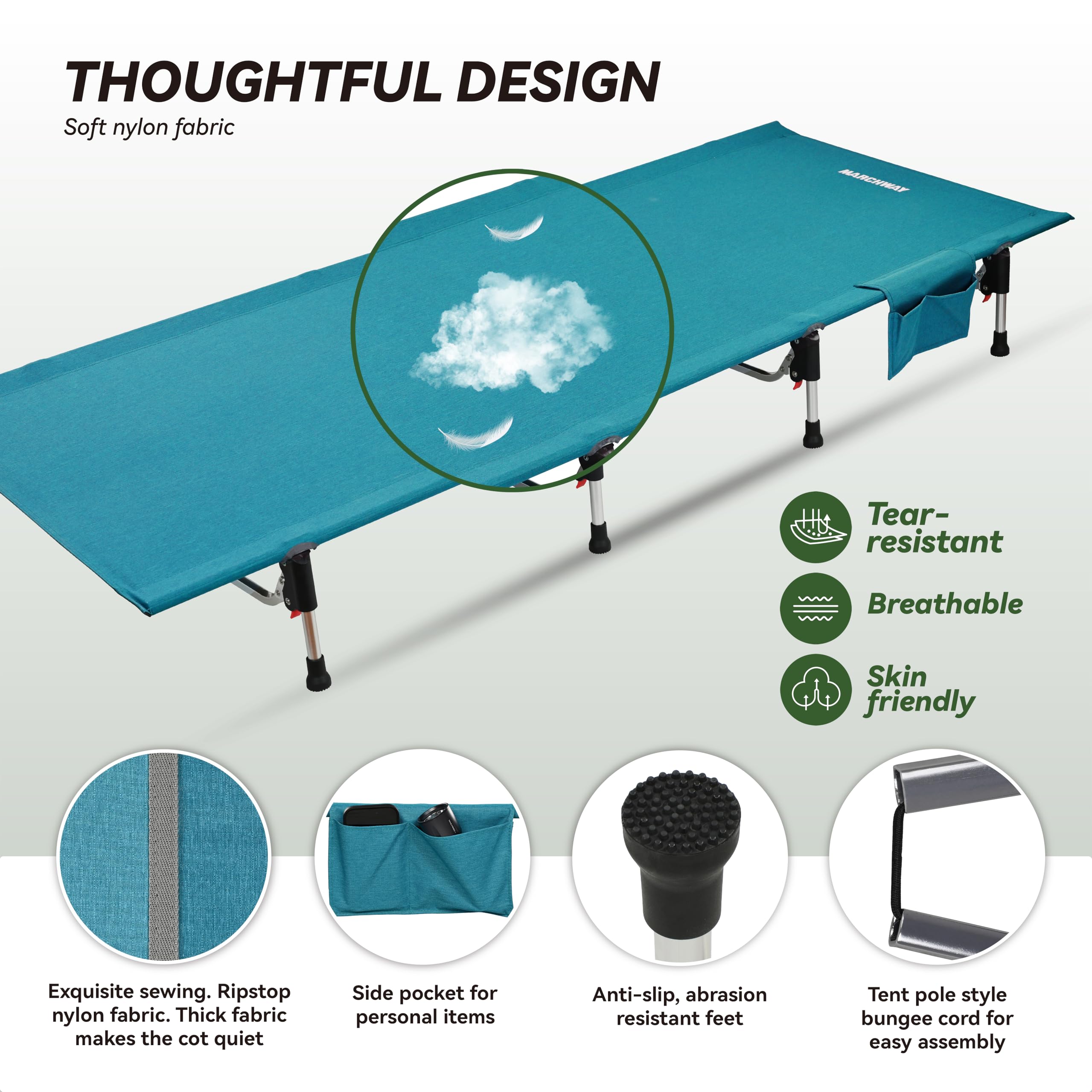 MARCHWAY blue cot on campsite illustrating all night comfort options