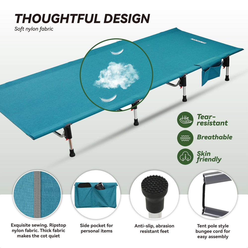MARCHWAY blue cot on campsite illustrating all night comfort options