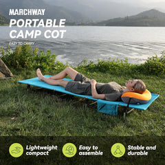 MARCHWAY blue cot during setup demonstrates quick assembly