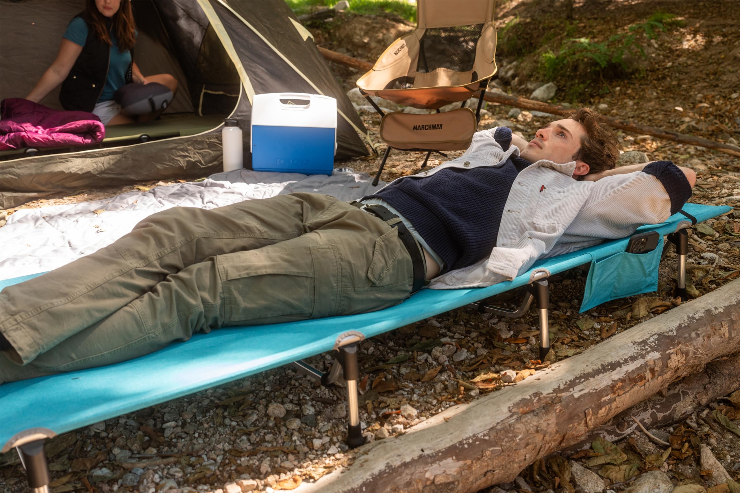 MARCHWAY blue cot side view highlights compact profile for travel
