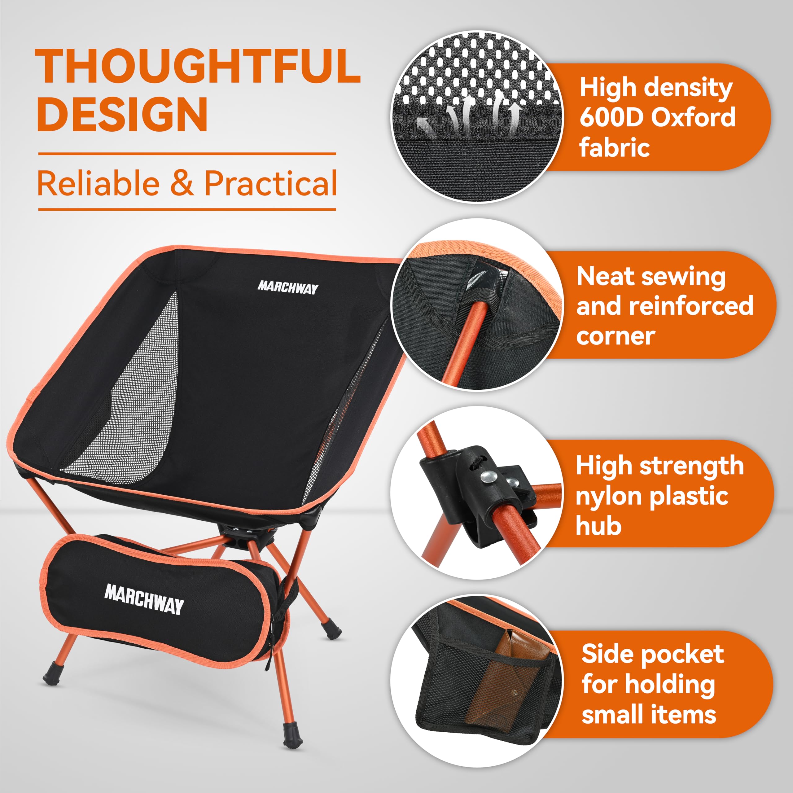 MARCHWAY ripstop seat detail emphasizes rugged fabric and quick-dry feel.