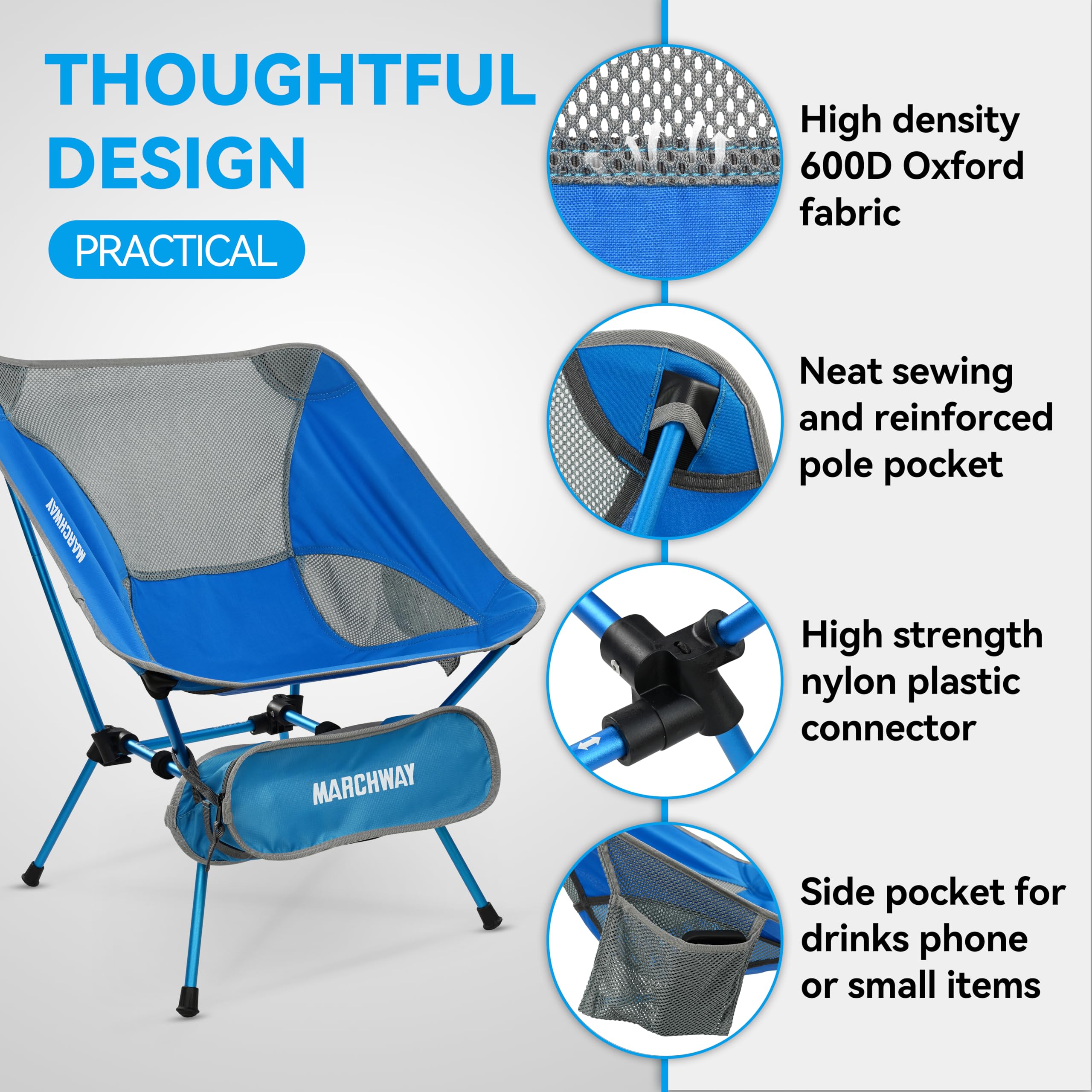 MARCHWAY ultralight-chair-aluminum-frame supports up to 300 lbs for stable seating.