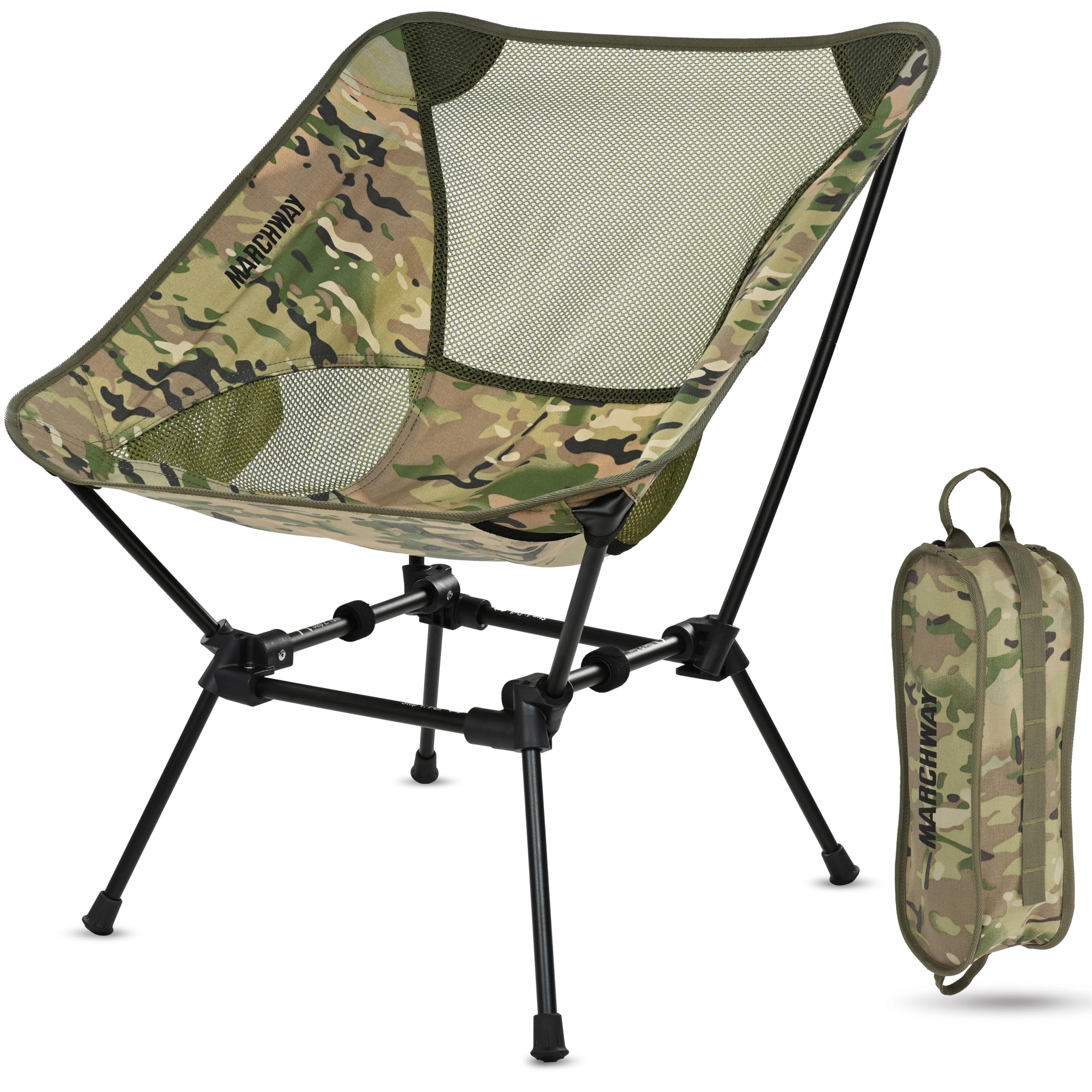 MARCHWAY ultralight folding chair in camo, highly portable for camping and travel