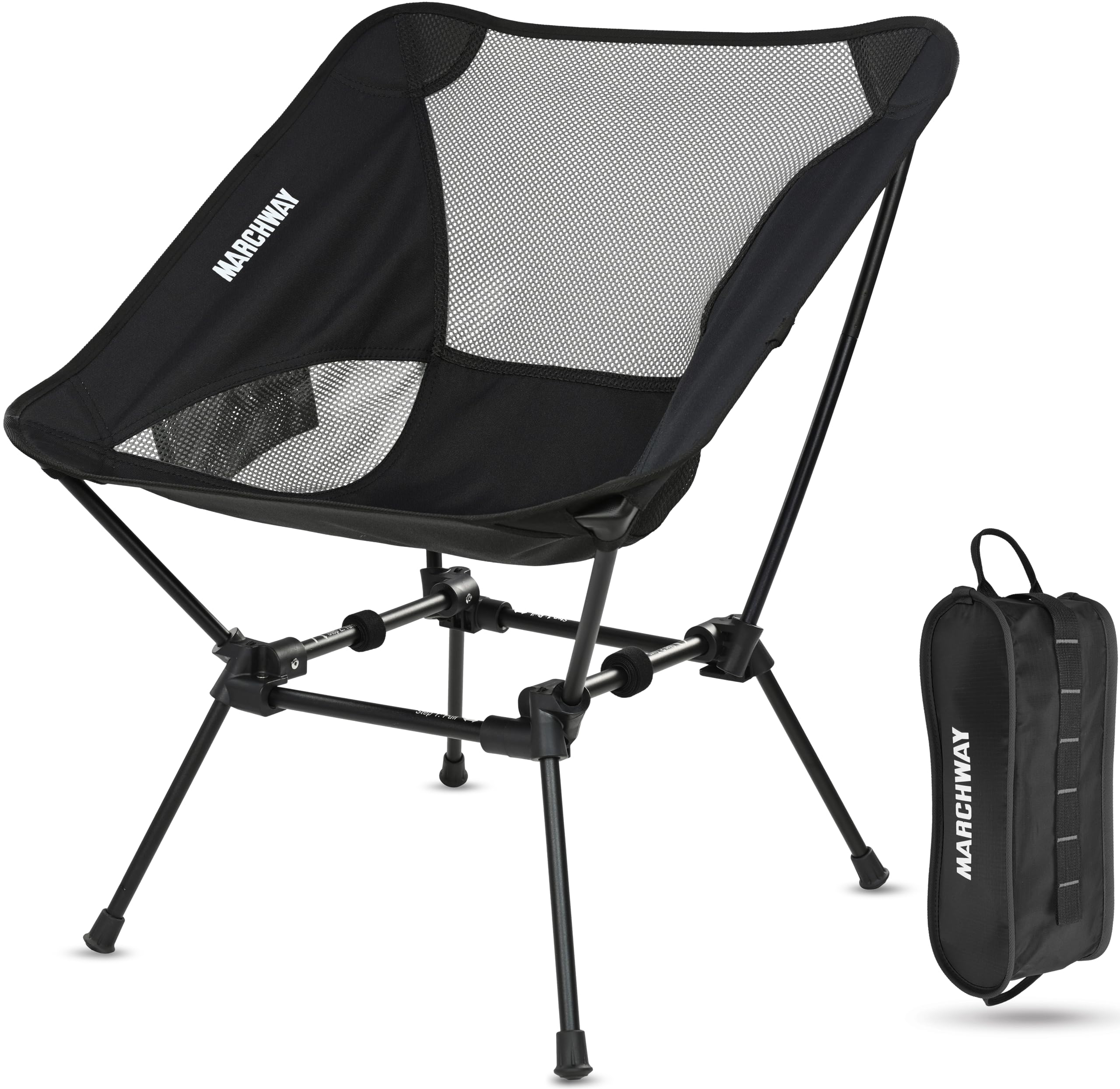 MARCHWAY Ultralight Folding Camping Chair folded in carrying bag for ultralight travel.