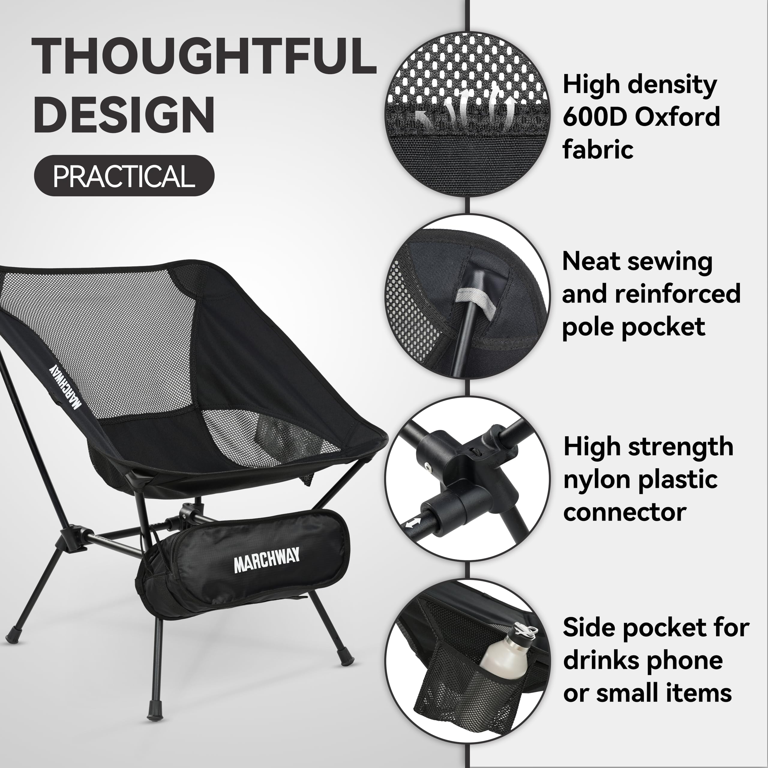 MARCHWAY Ultralight Folding Camping Chair demonstrates quick setup with shock-cord frame.