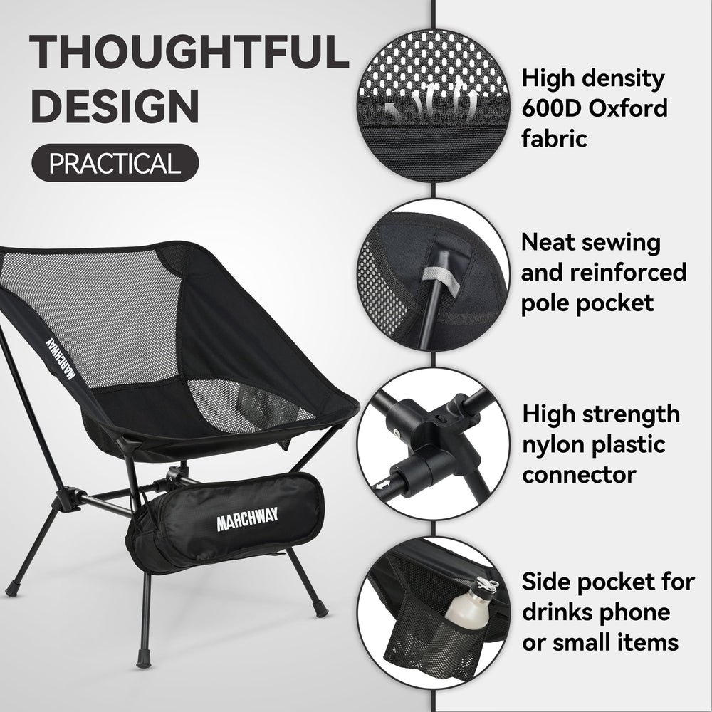 MARCHWAY Ultralight Folding Camping Chair demonstrates quick setup with shock-cord frame.