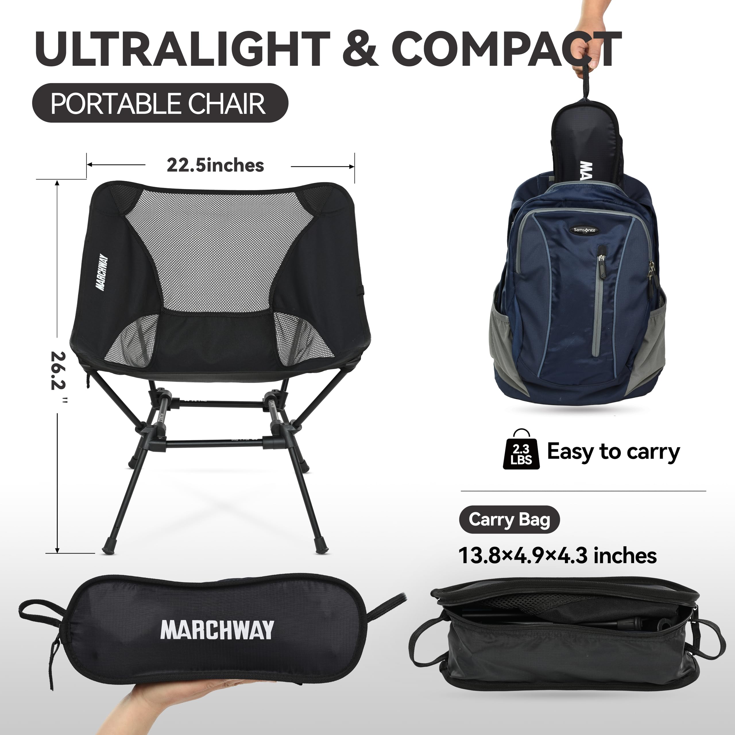 MARCHWAY Ultralight Folding Camping Chair stable base on uneven ground for balanced seating.