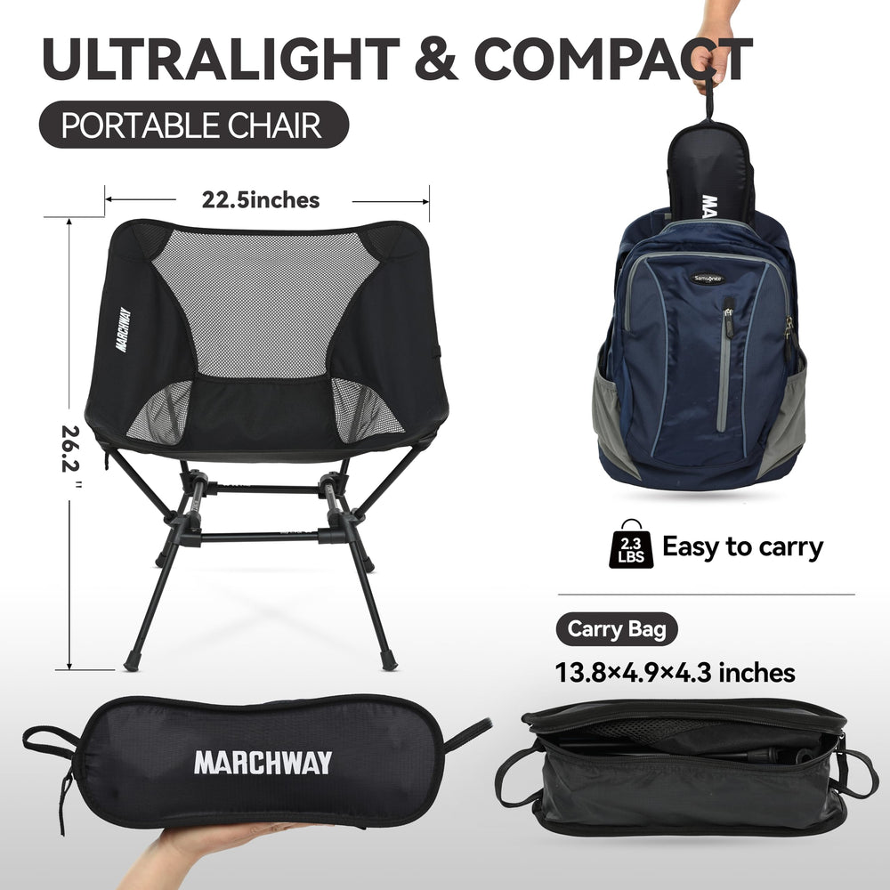MARCHWAY Ultralight Folding Camping Chair stable base on uneven ground for balanced seating.