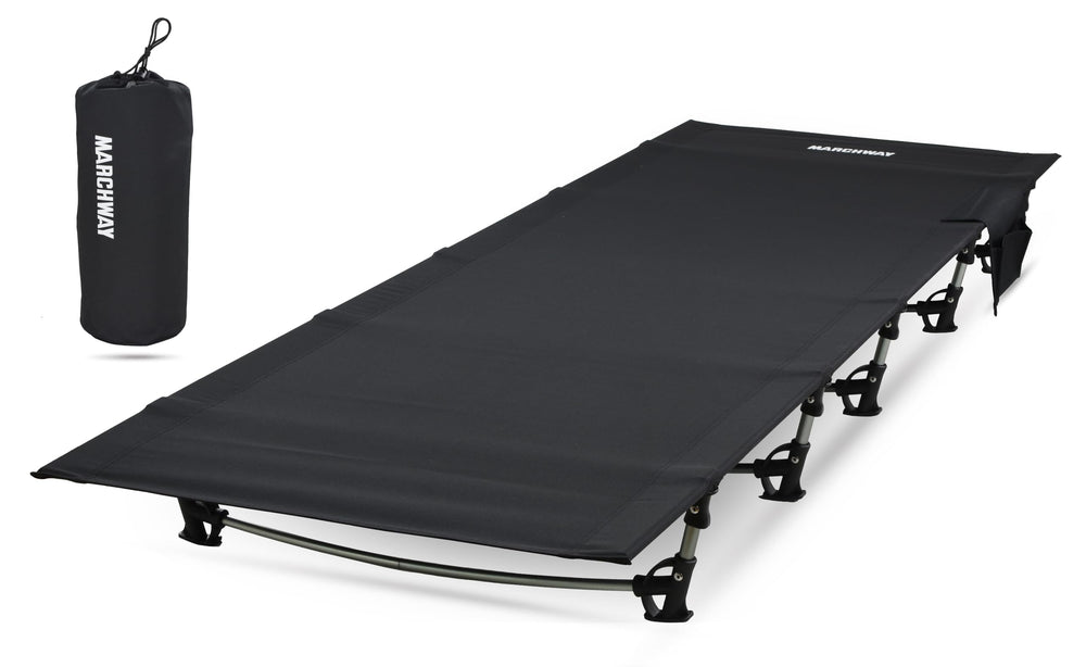 MARCHWAY ultralight folding cot setup shows quick outdoor camp arrangement.