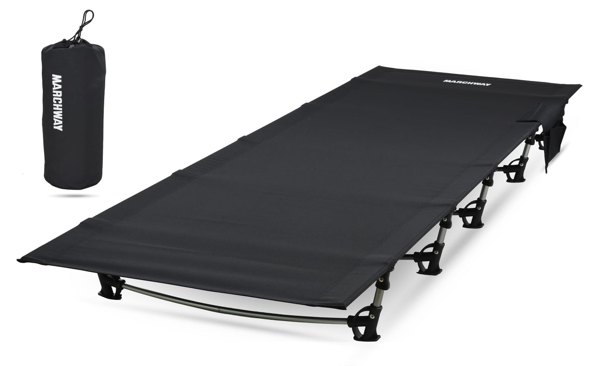 MARCHWAY ultralight folding cot setup shows quick outdoor camp arrangement.