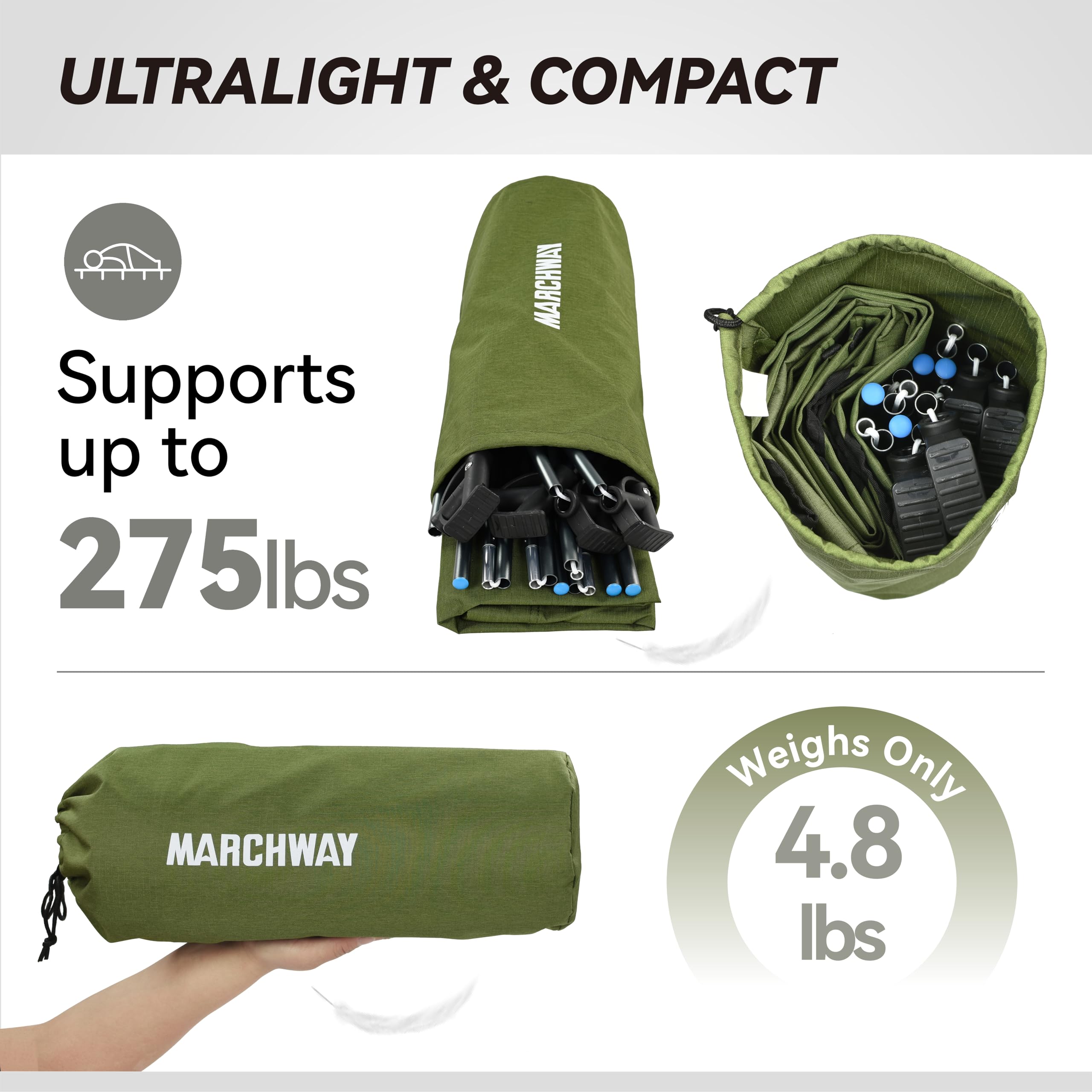 MARCHWAY foldable shock-cord pole assembly shows simple setup