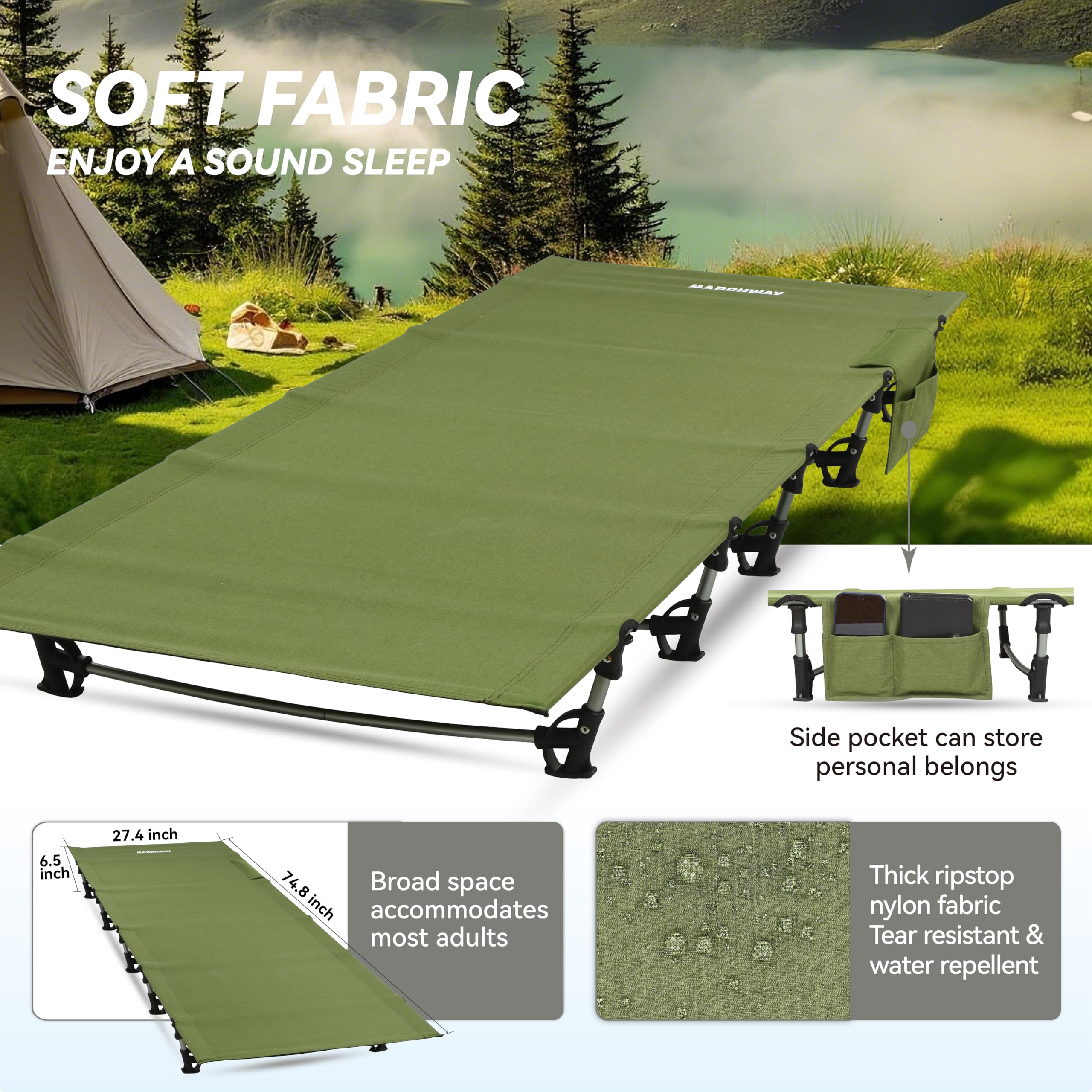 MARCHWAY cot legs close-up highlights aluminum frame durability