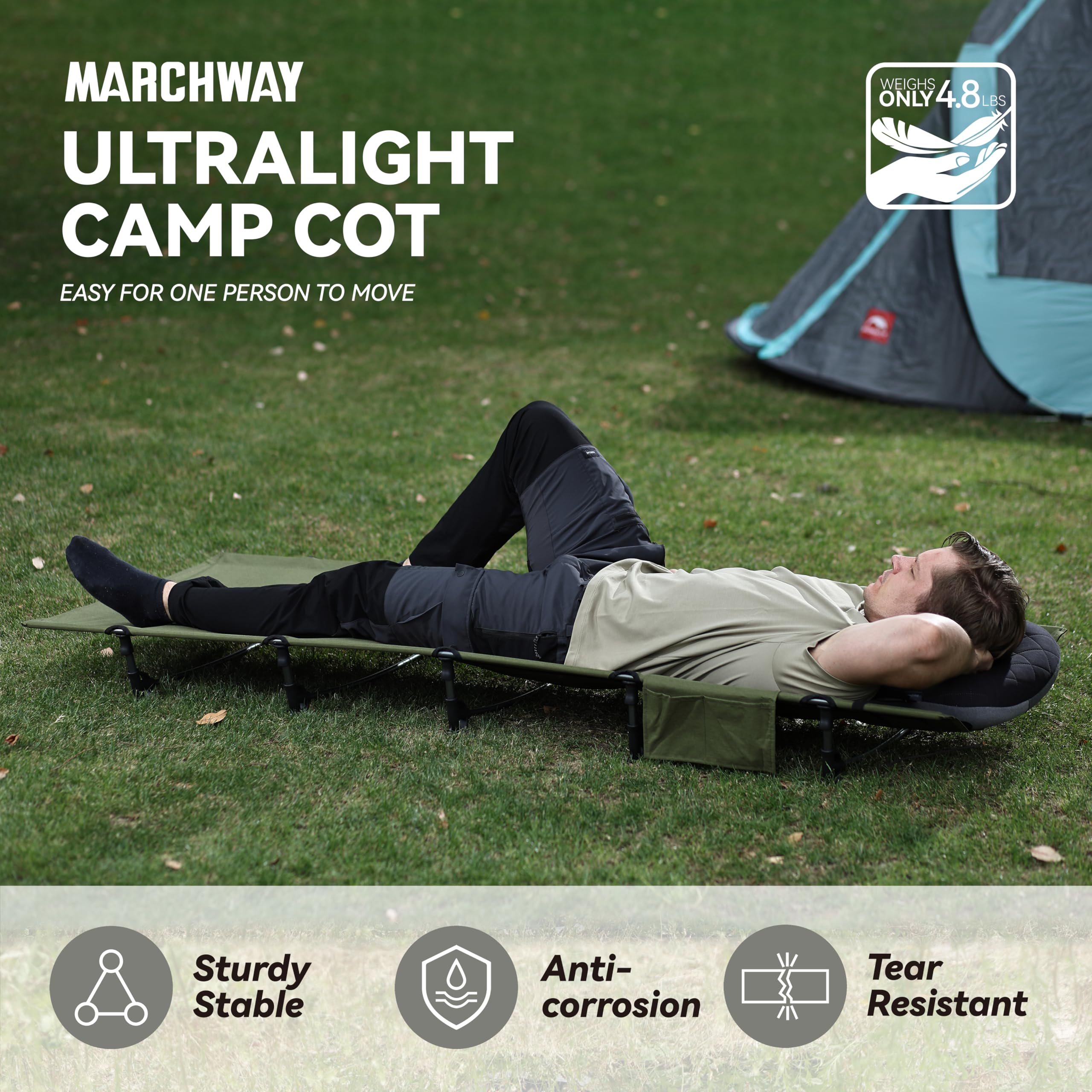 MARCHWAY ultralight cot army green on campsite demonstrates off-ground comfort and stability