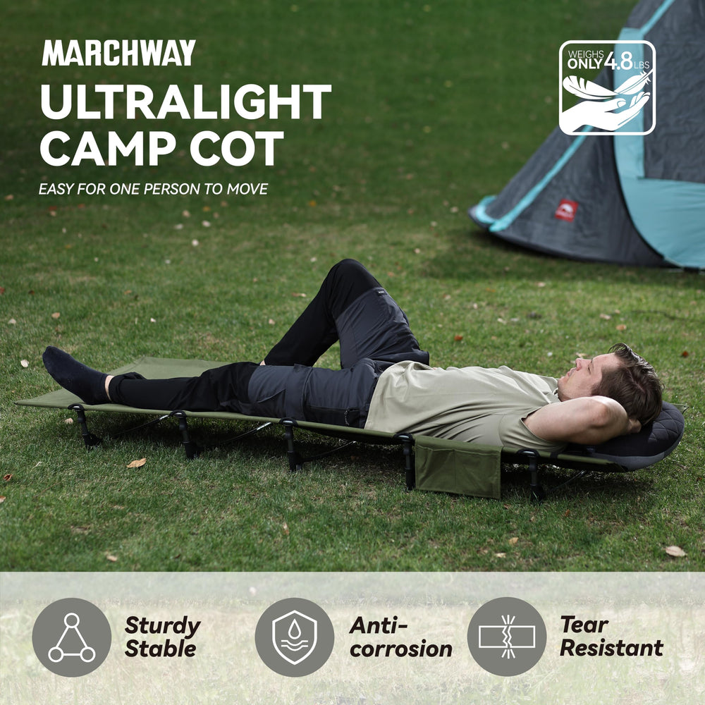 MARCHWAY ultralight cot army green on campsite demonstrates off-ground comfort and stability