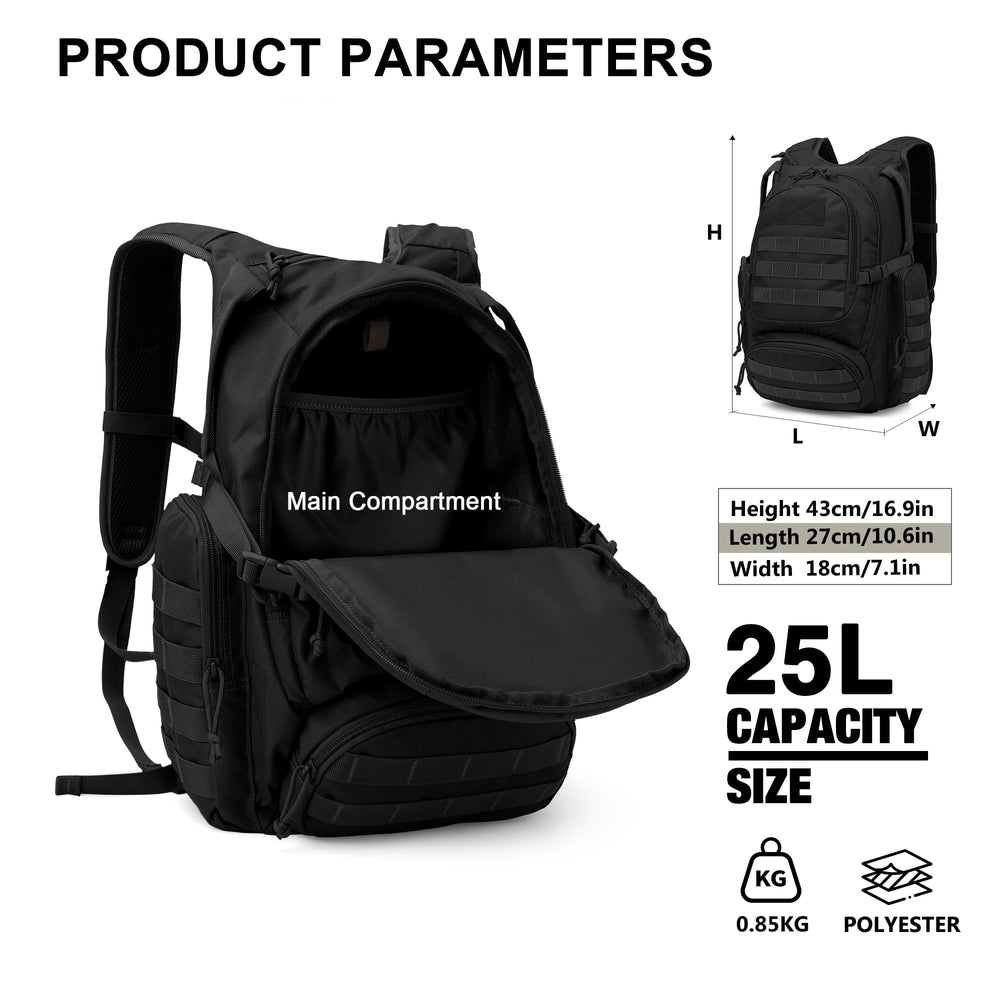 Mardingtop 25L tactical backpack side view shows side pockets for quick hydration.