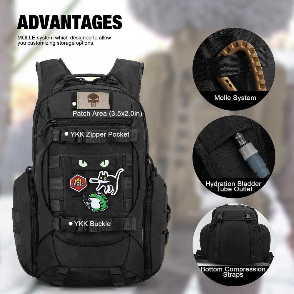Mardingtop 28L tactical backpack patch area with included patches.
