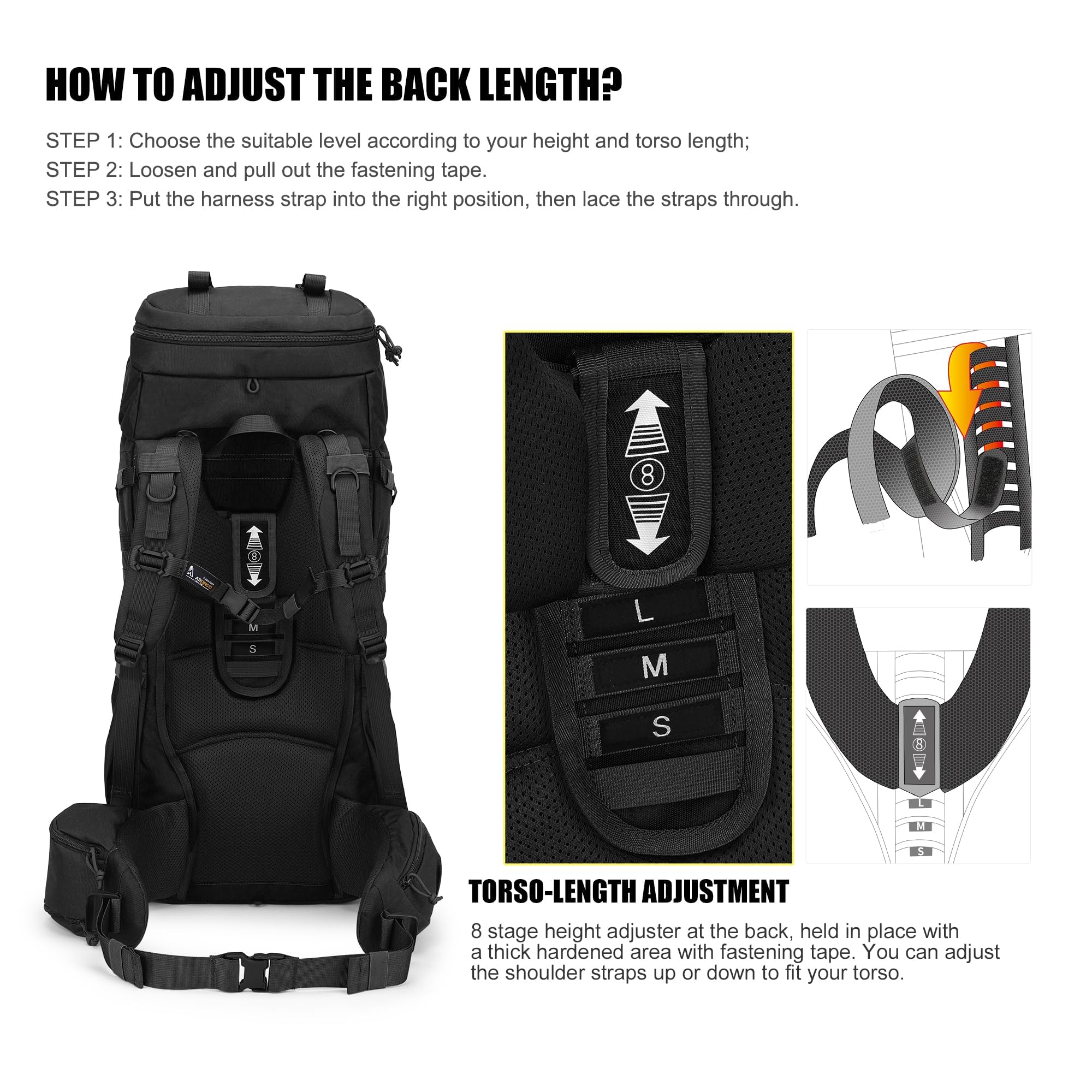 Mardingtop 70L breathable mesh back panel keeps you cooler during climbs.