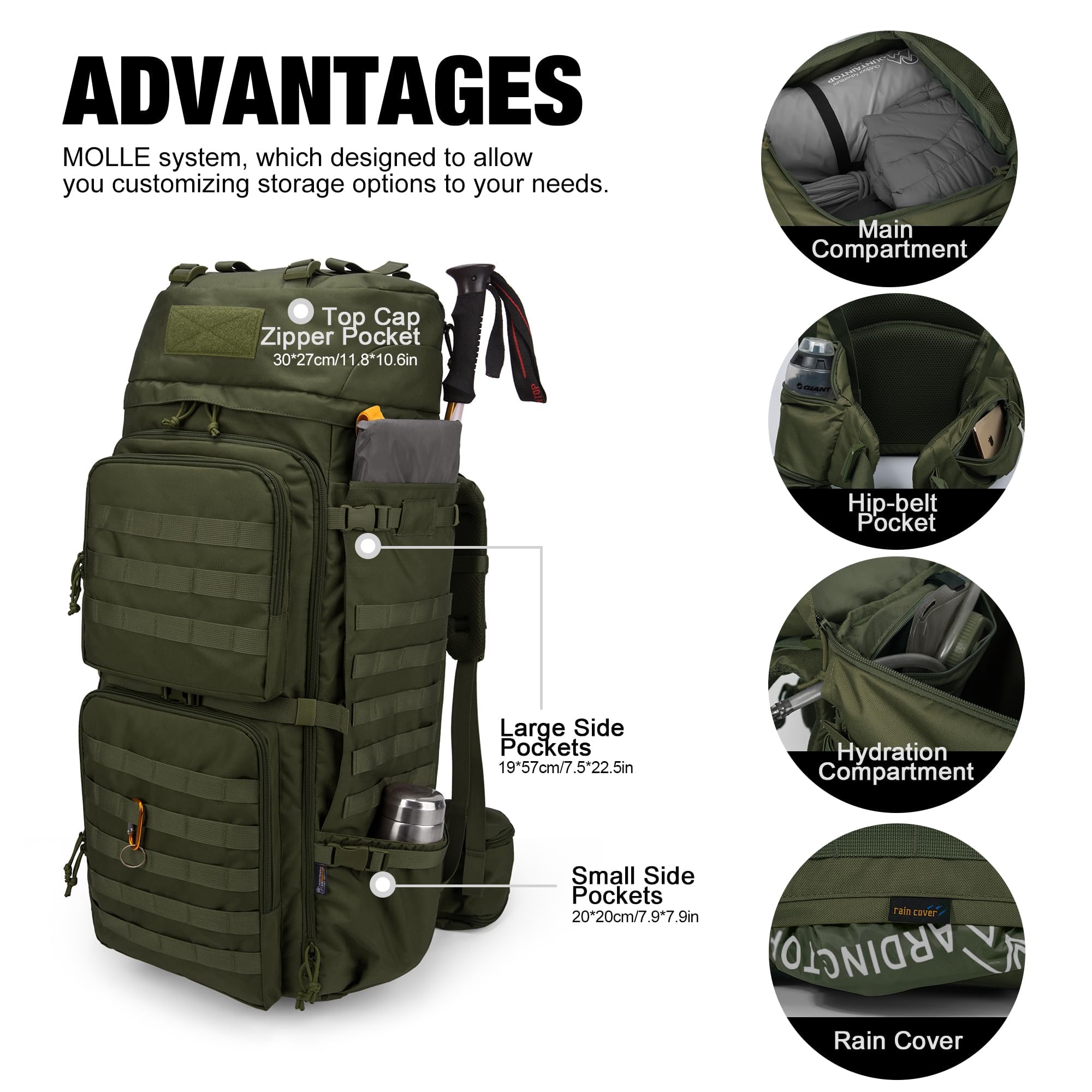 Mardingtop 75L MOLLE backpack back view highlights chest straps for load stability