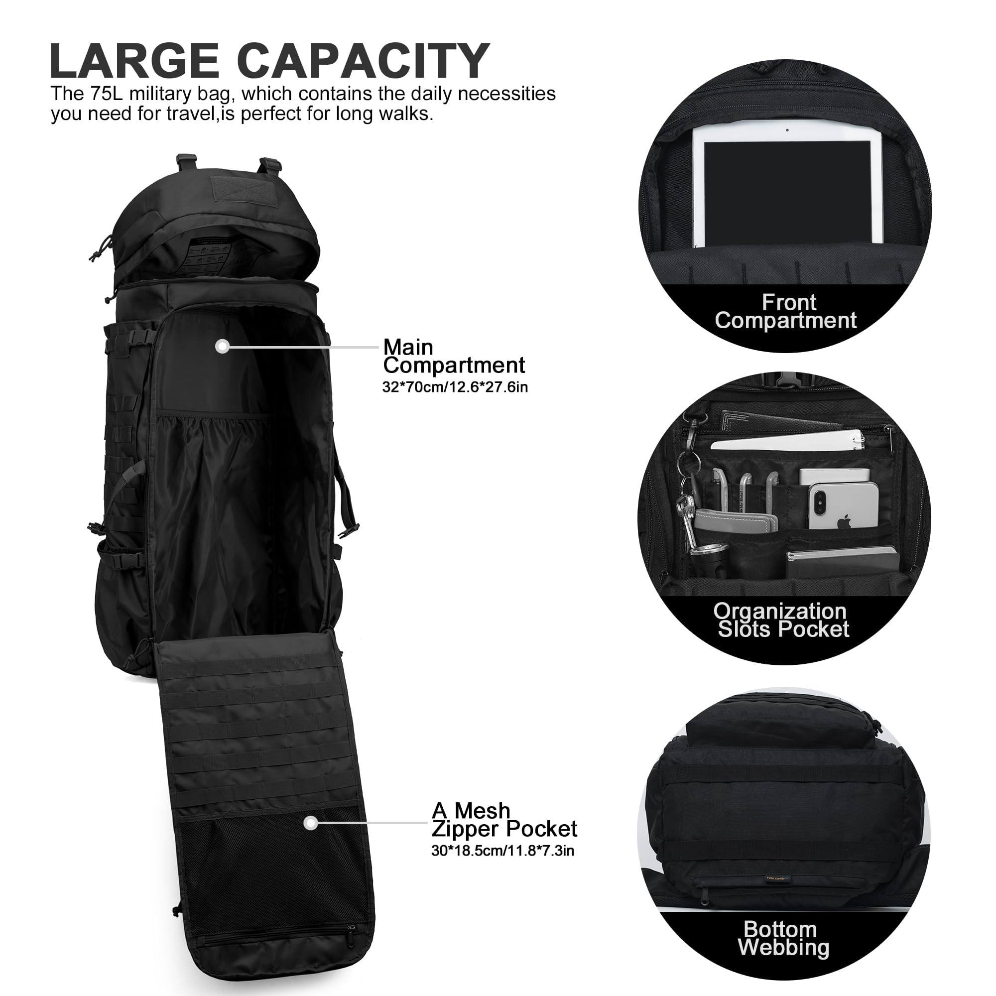 Mardingtop 75L MOLLE hiking backpack rain cover keeps gear dry in bad weather