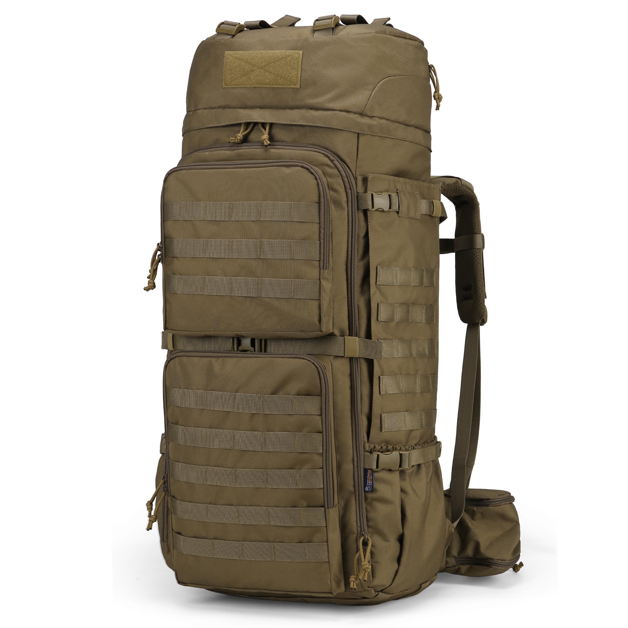 Mardingtop 75L MOLLE hiking backpack with rain cover for rugged camping and trekking.