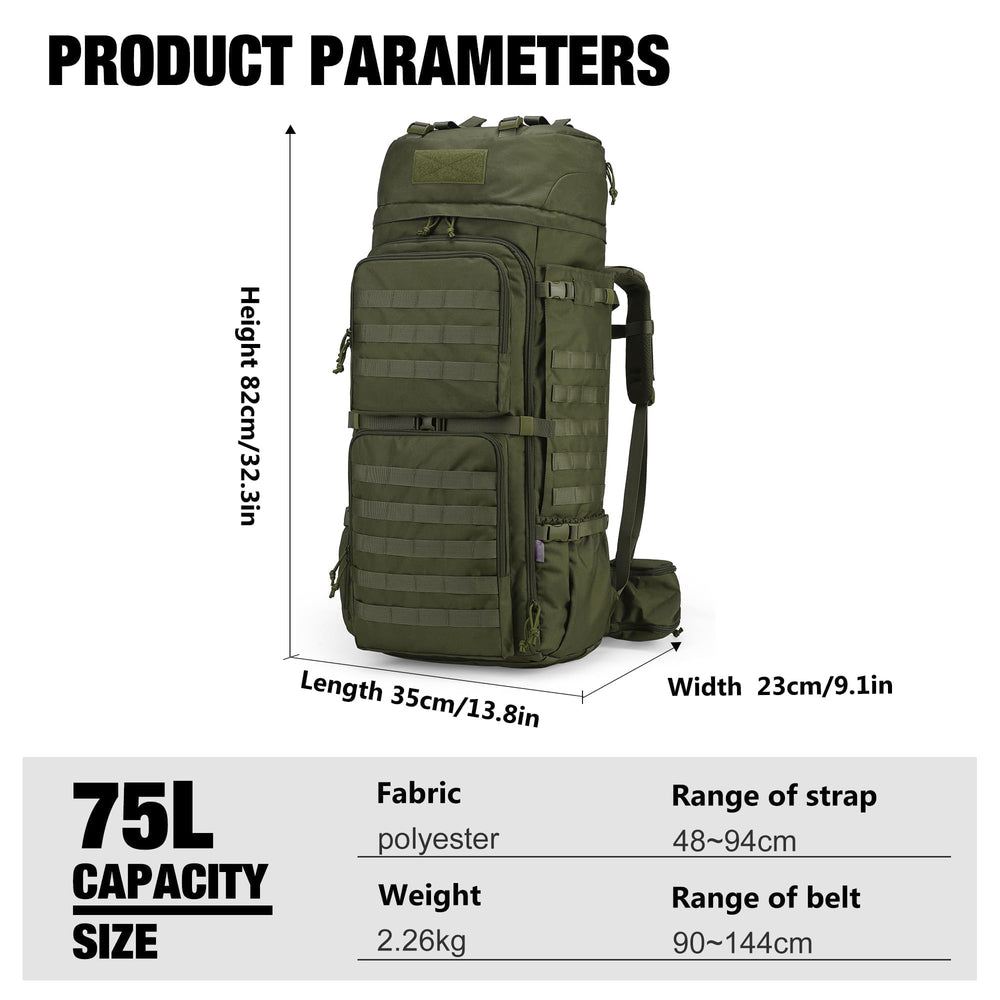 Mardingtop 75L MOLLE backpack side view shows side pockets for water bottle access
