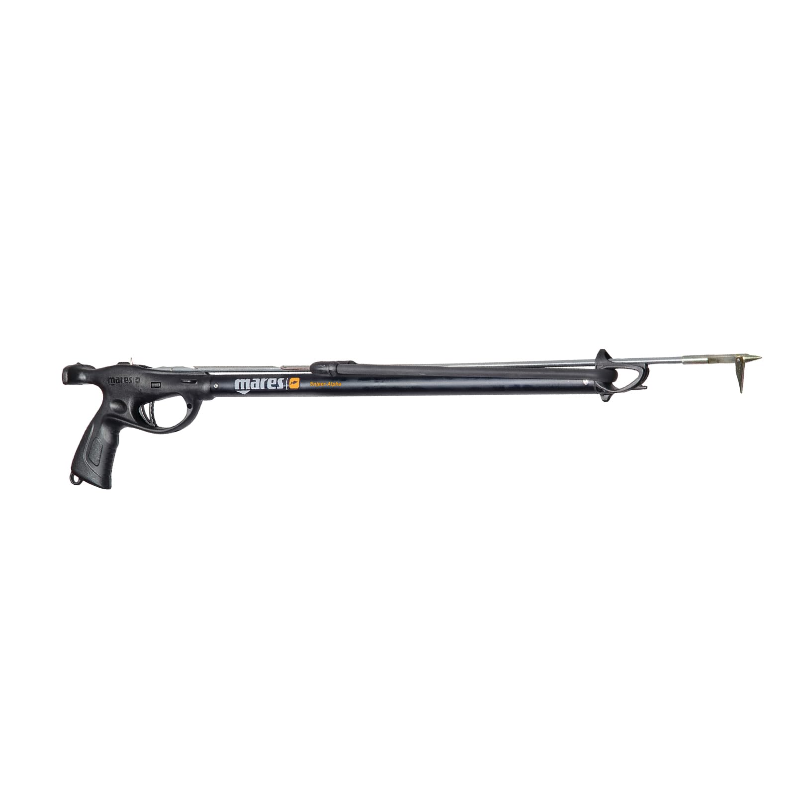 Mares Sniper Alpha speargun front view highlighting lightweight aluminum barrel for durability.