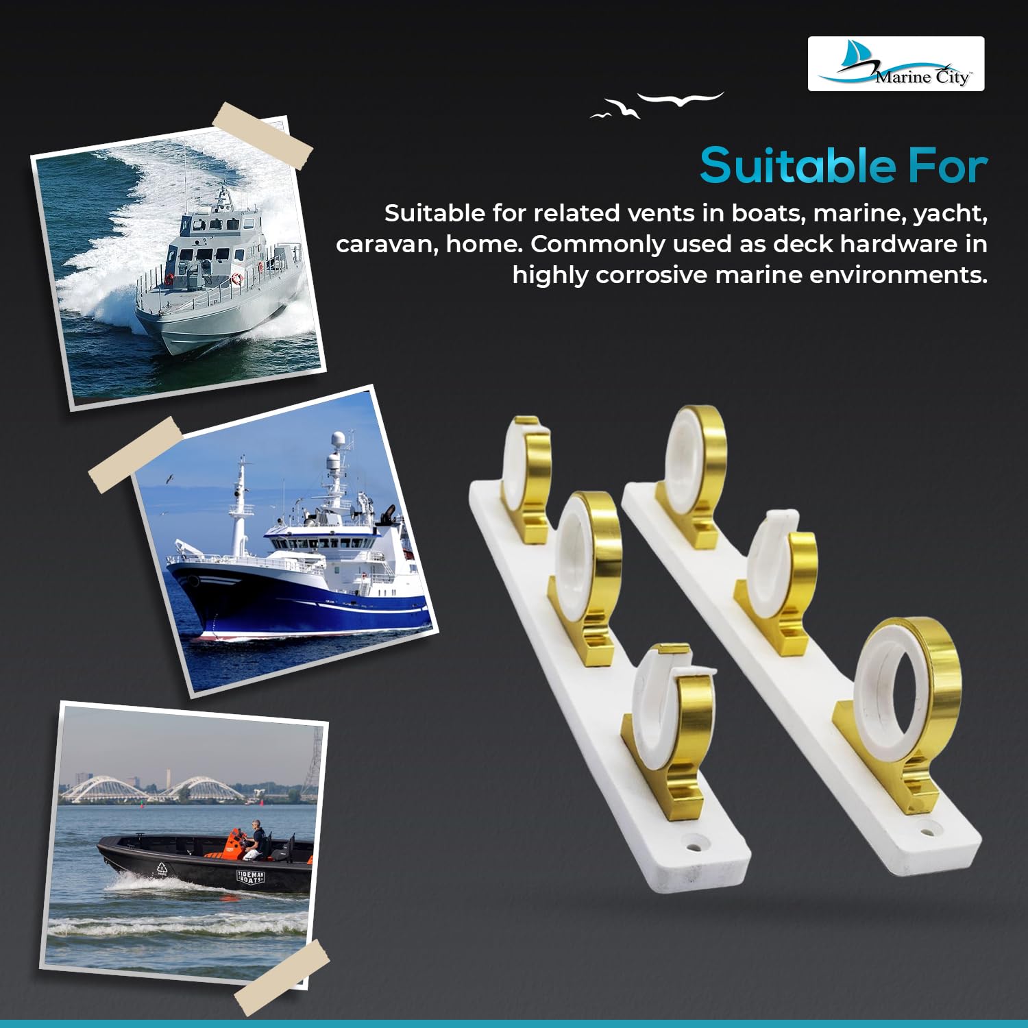MARINE CITY 3-Rod Rack white polypropylene base provides stable, moisture-resistant support