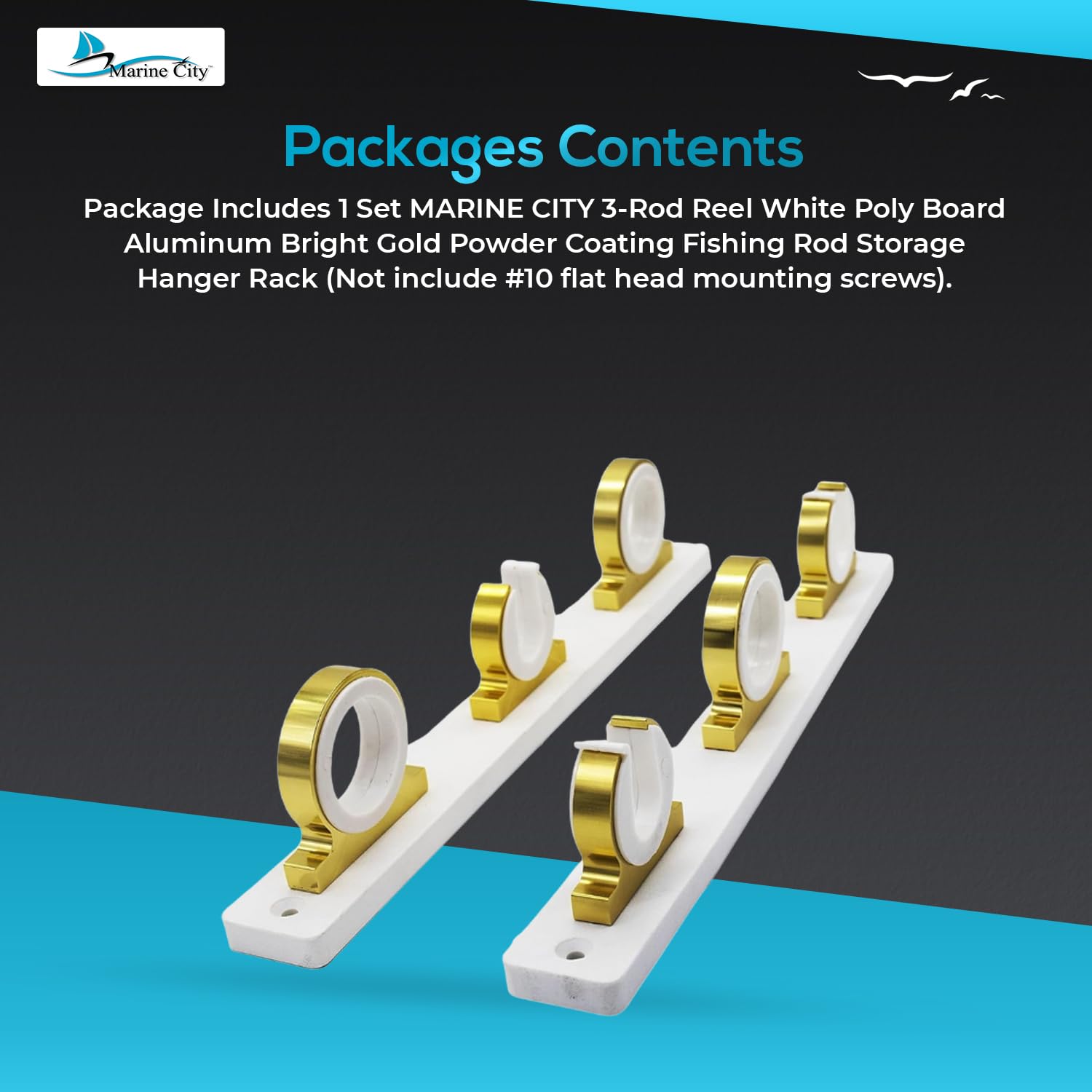 MARINE CITY 3-Rod Rack gold powder coating adds marine-ready style