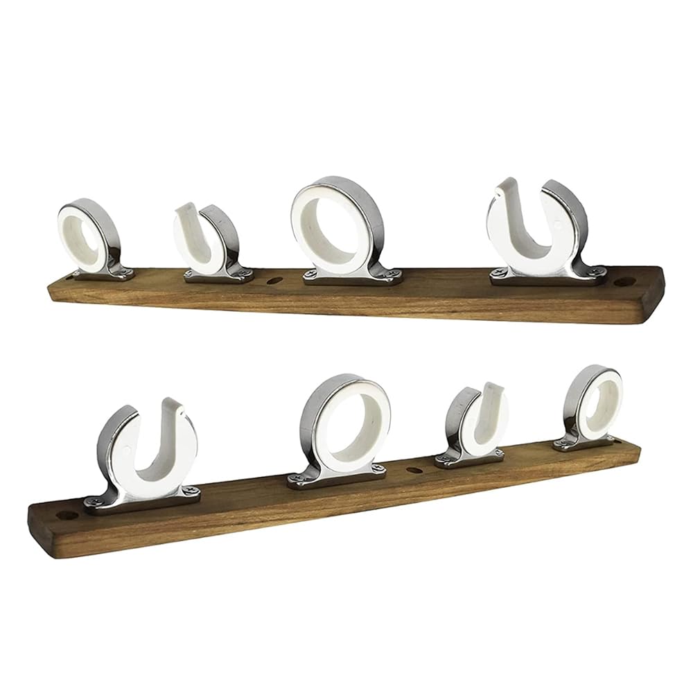 MARINE CITY 4-rod teak-base rack keeps rods secure on boats.