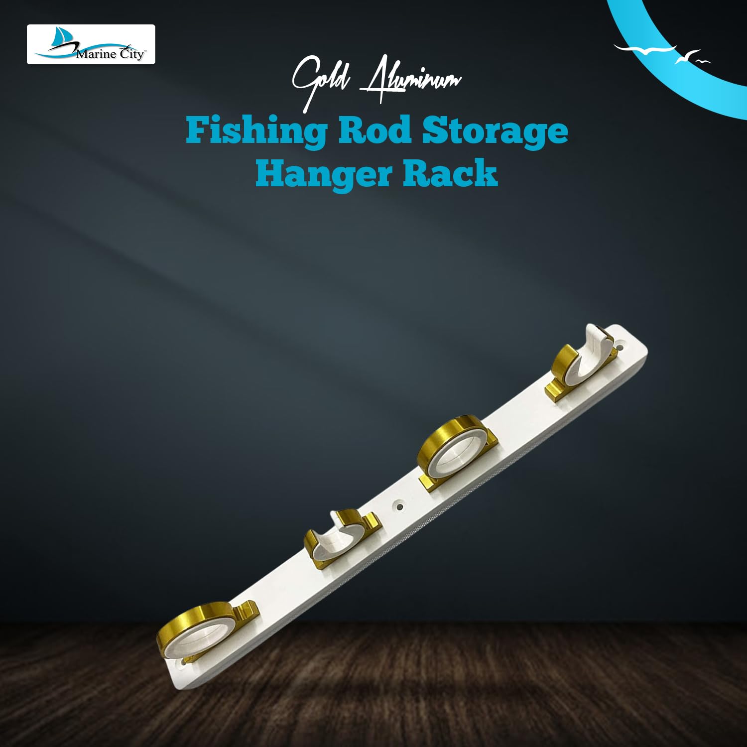 MARINE CITY anodized aluminum rod hanger closeup highlights durable boat storage.