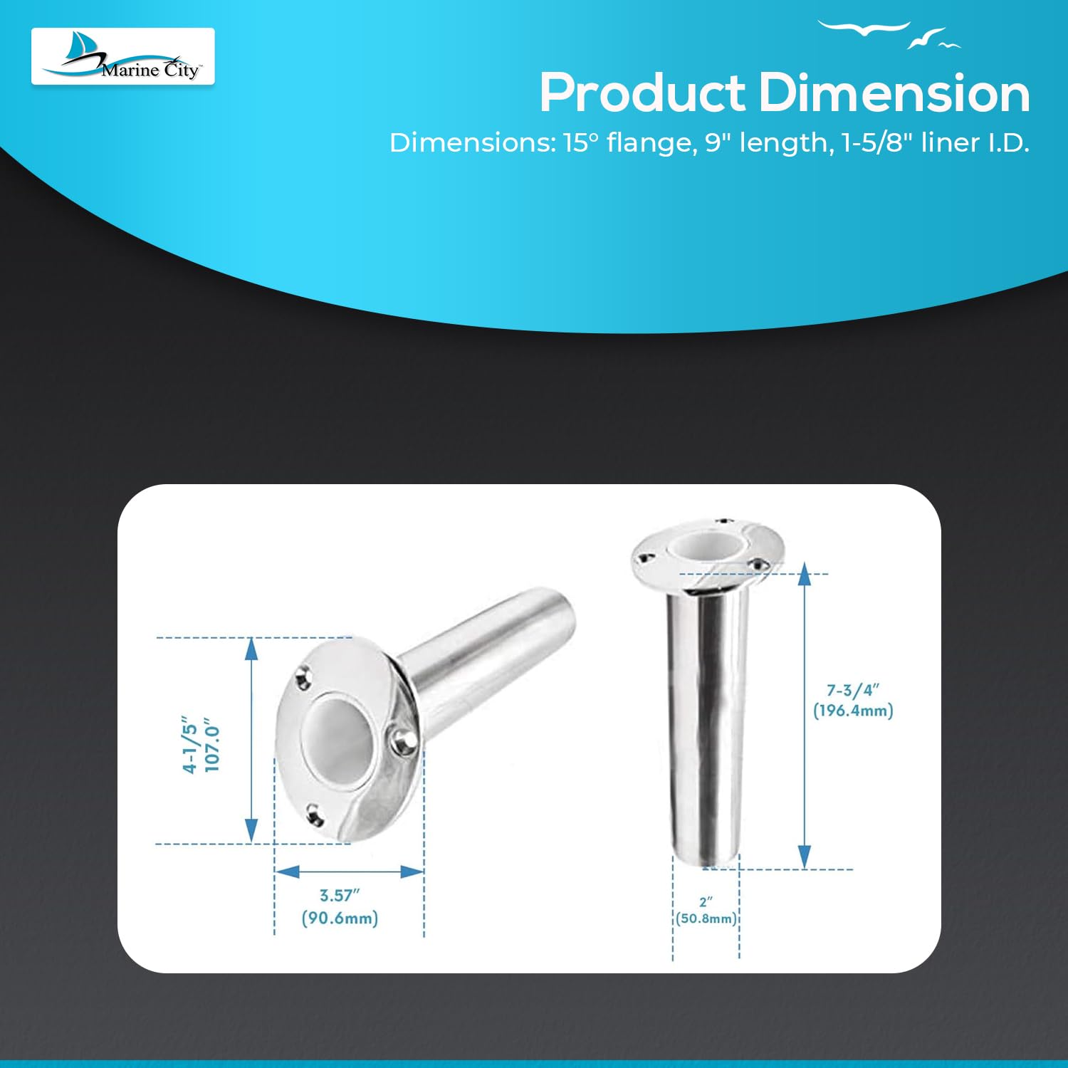 Marine City flush mount rod holder with drain tail enhances interior protection