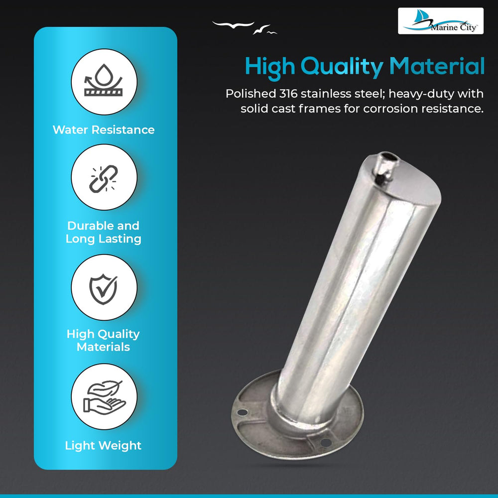 MARINE CITY heavy-duty 316 stainless steel rod holder for saltwater durability.