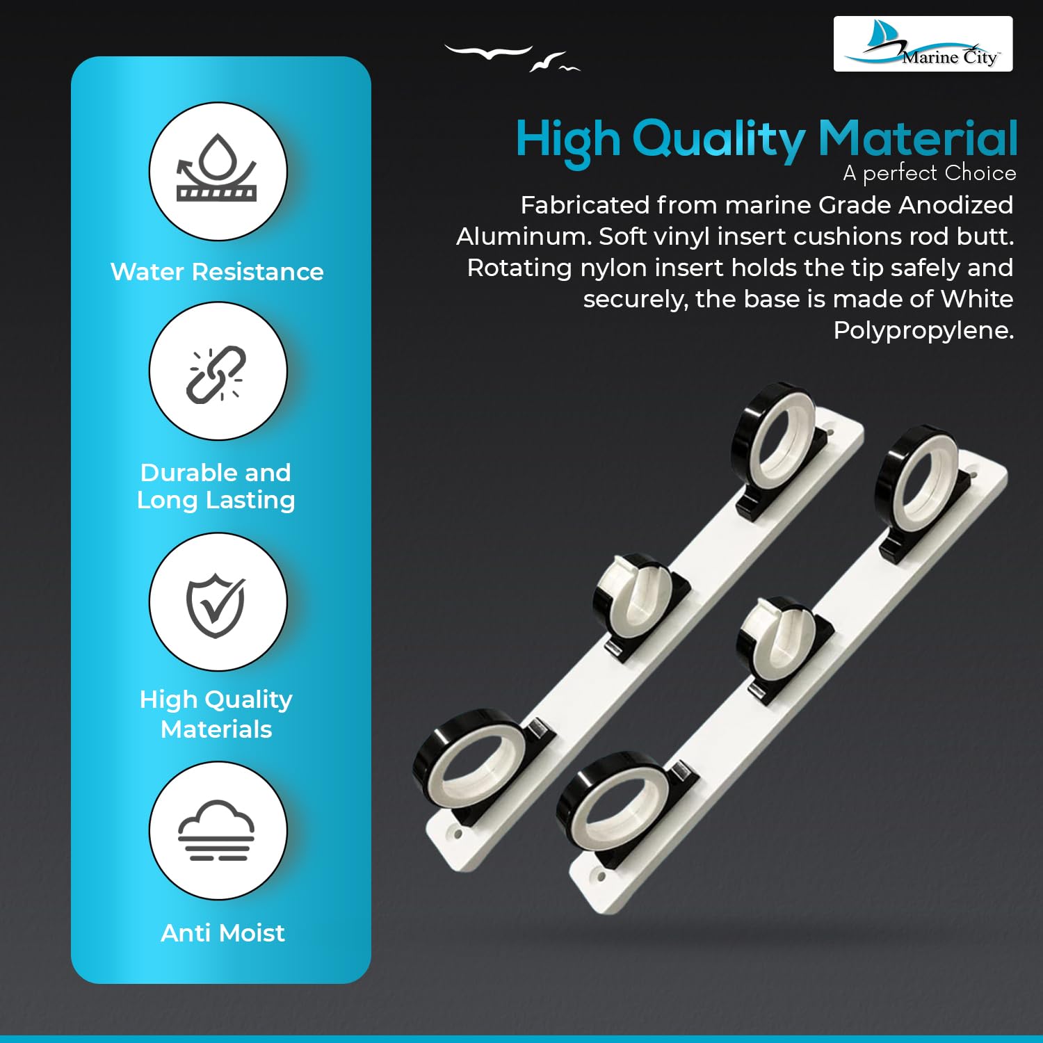 MARINE CITY rod rack closeup shows cushioned butt protection and secure tip.
