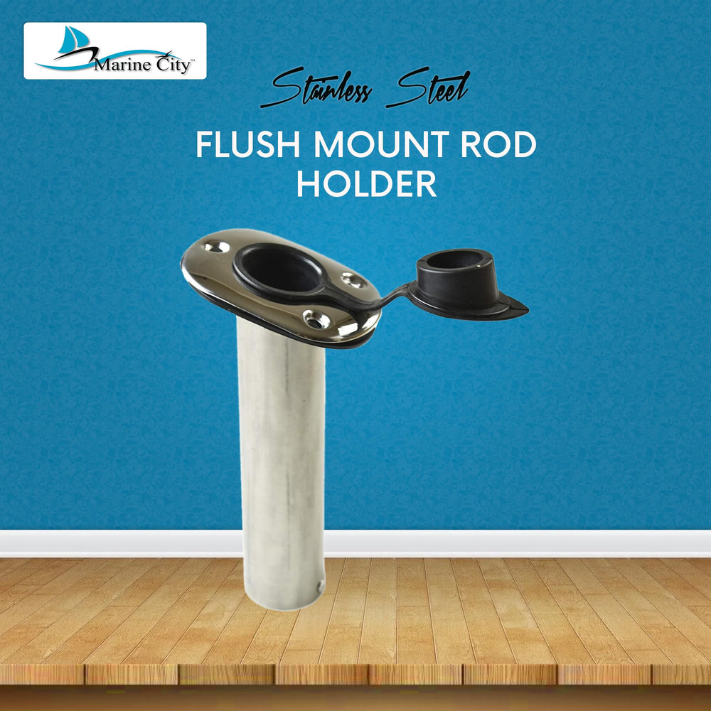Marine City rod holder with PVC liner and cap, 15° flange for guided drainage.