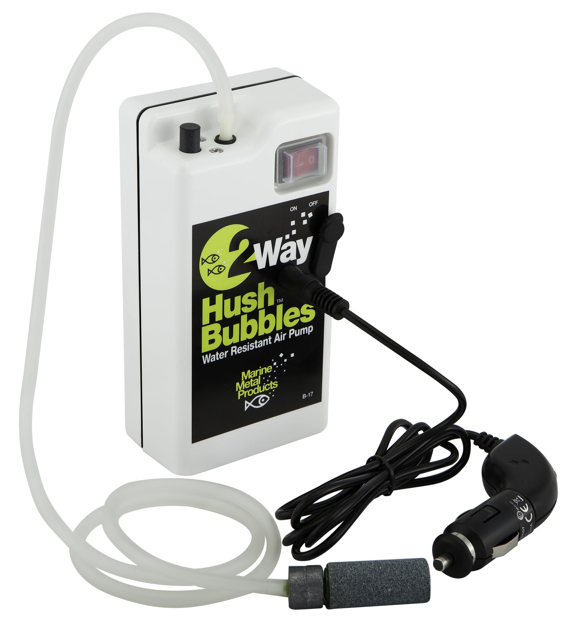 Marine Metal B-17 2-Way Hush Bubbles Live Bait Aerator with water-resistant case and mounting clip