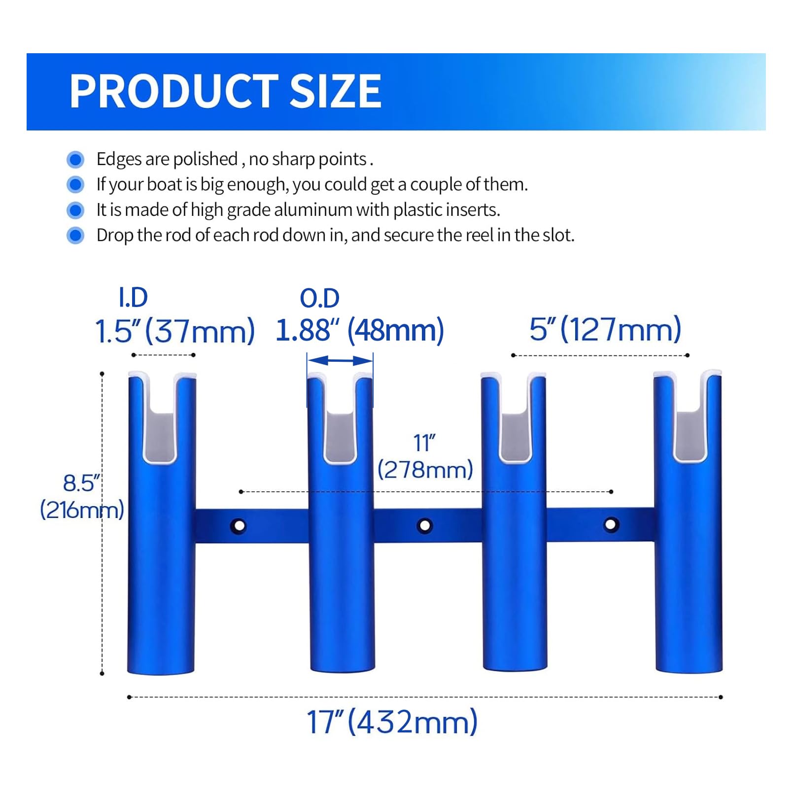 Close-up of aluminum rod holder showing blue matte finish