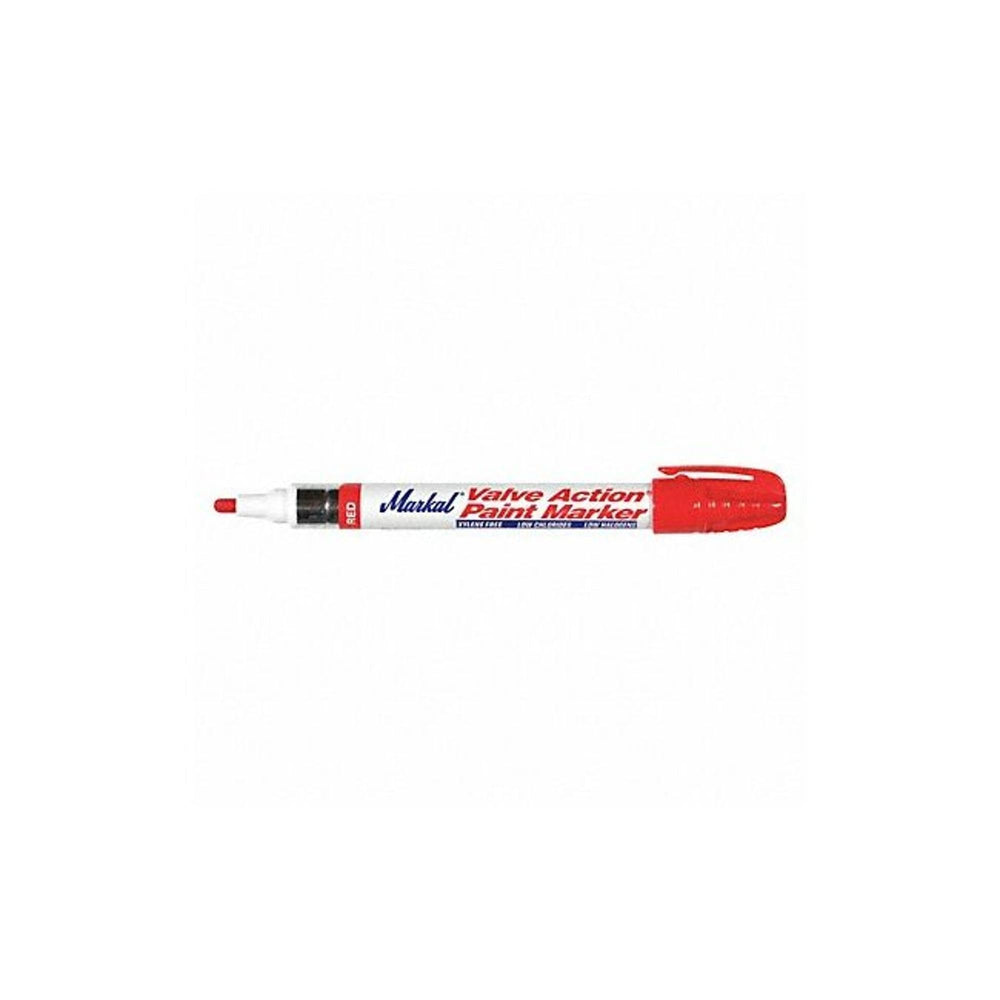 Markal 96822 red valve paint marker for high-visibility marking on metal, wood, and plastic.