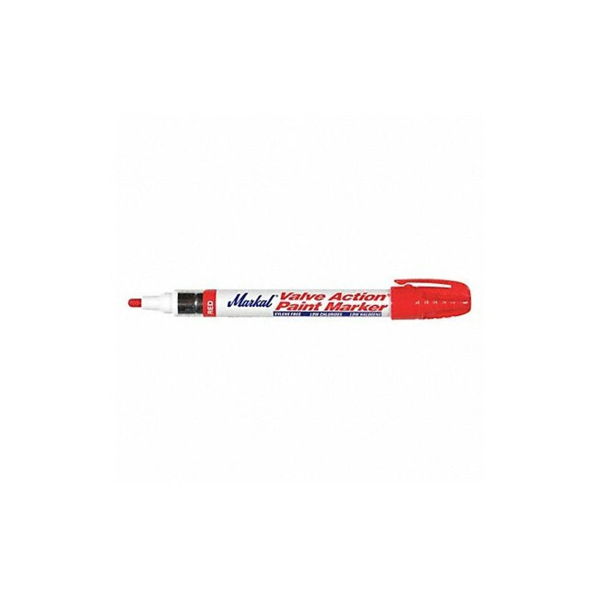 Markal 96822 red valve paint marker for high-visibility marking on metal, wood, and plastic.