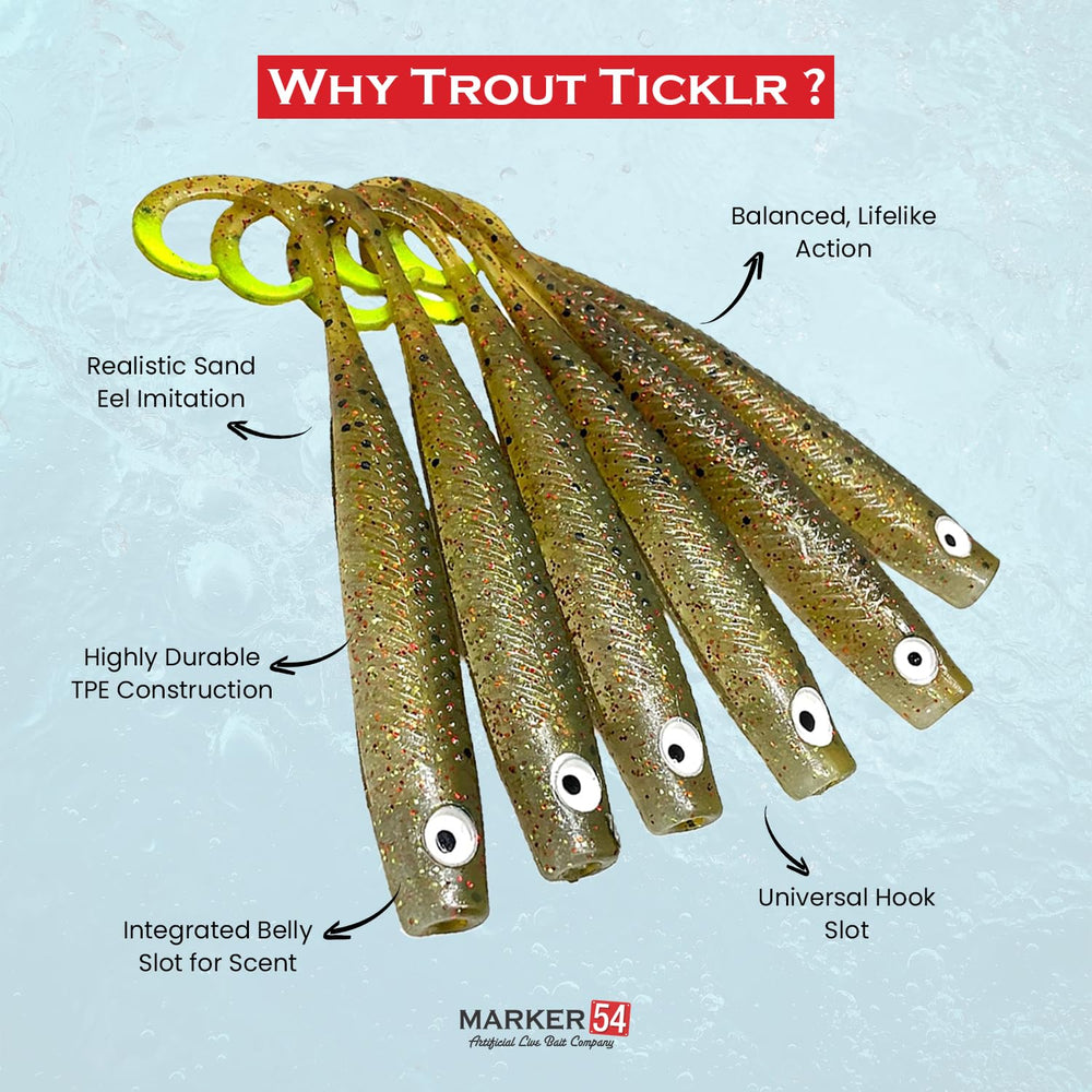 Marker 54 Trout Ticklr durable TPE construction withstands sharp teeth and heavy strikes.