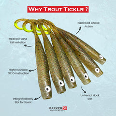 Marker 54 Trout Ticklr durable TPE construction withstands sharp teeth and heavy strikes.