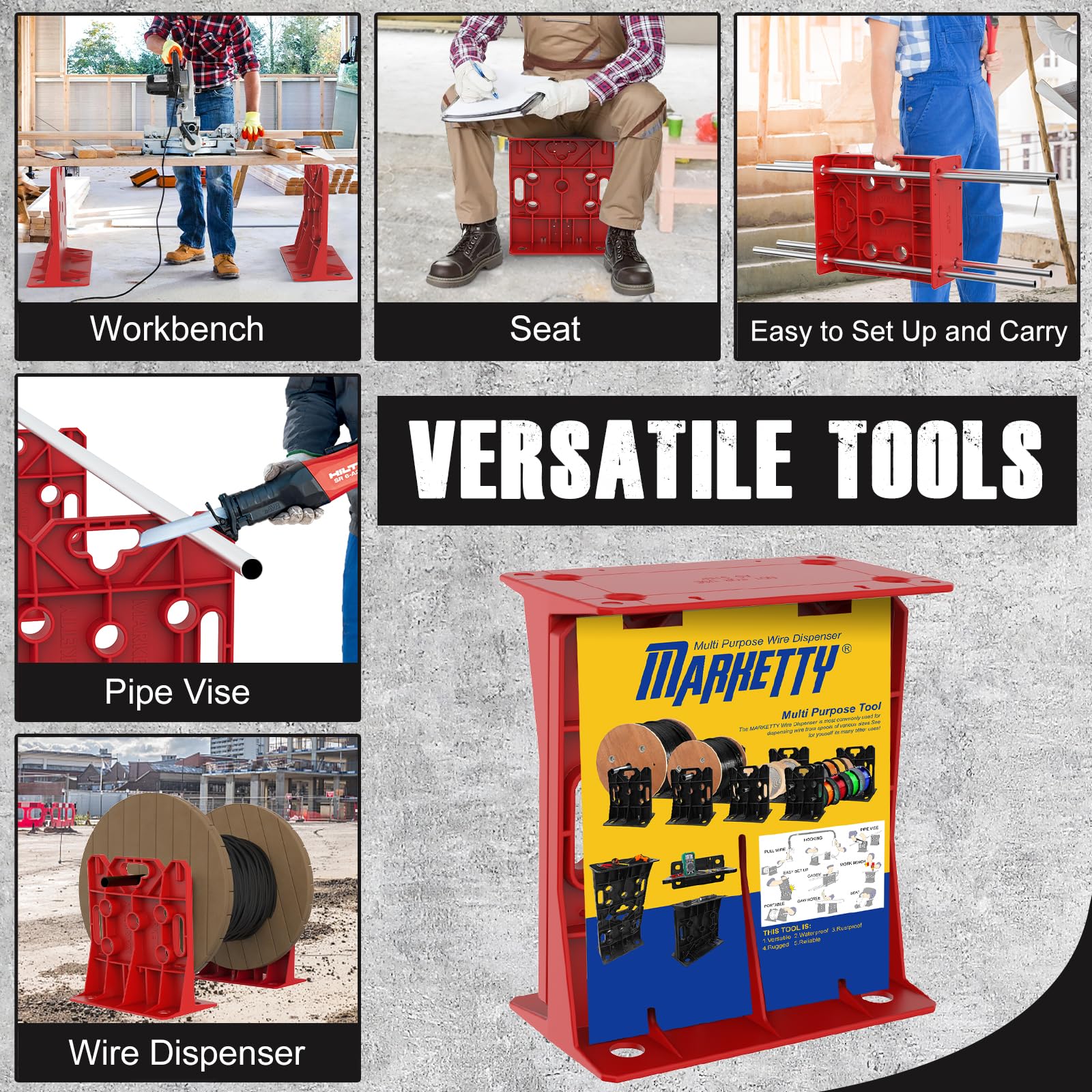 MarketTY wire spool rack red load-capacity label demonstrates 330 lb handling.