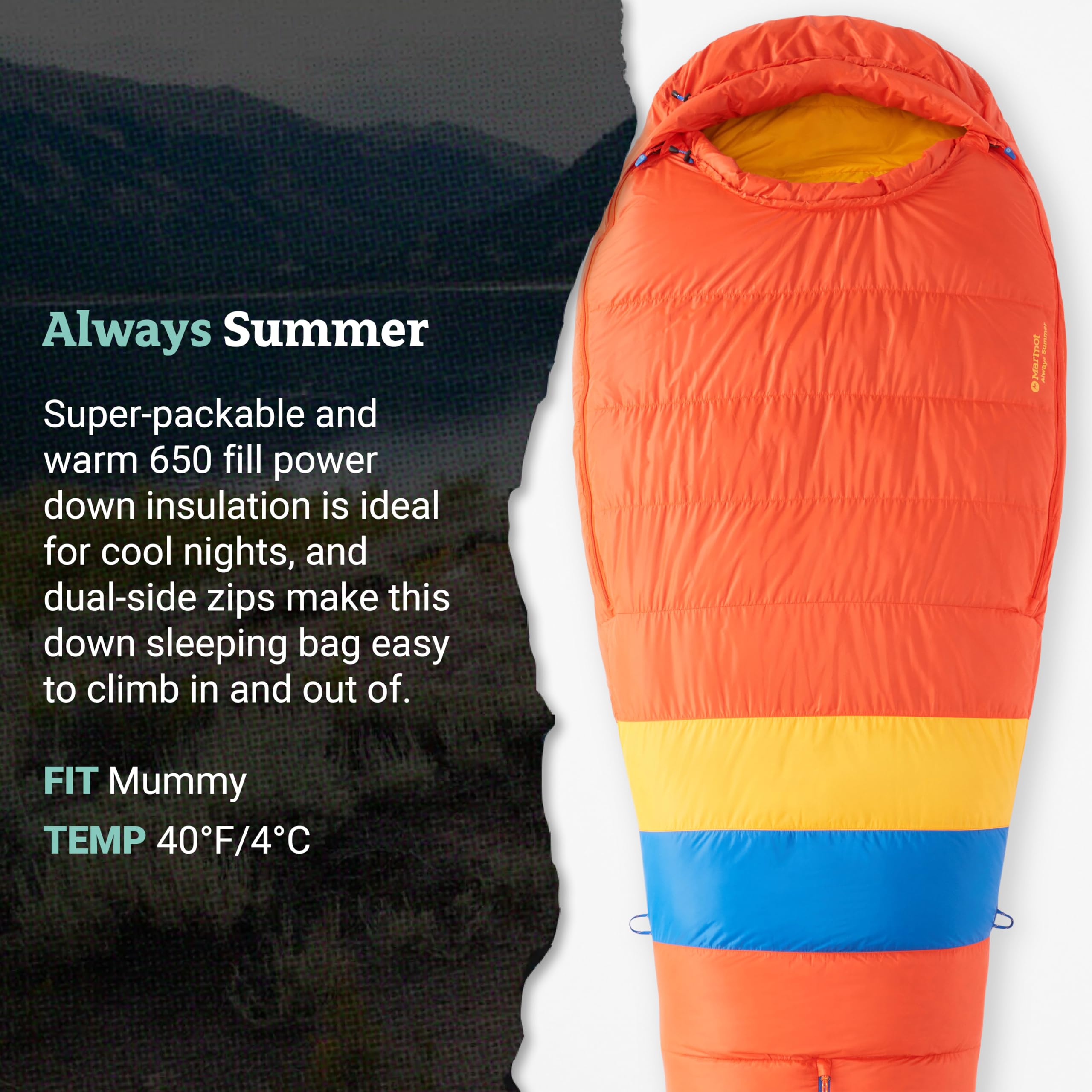 Marmot Always Summer footbox zipper image demonstrates extra space and warmth control