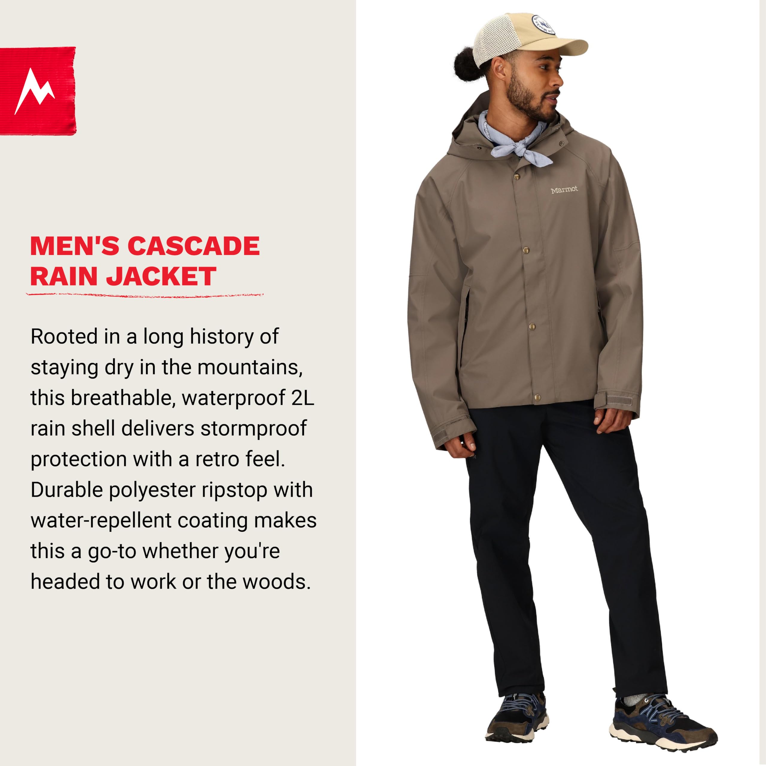 Marmot Cascade adjustable hood image shows secure fit in changing weather